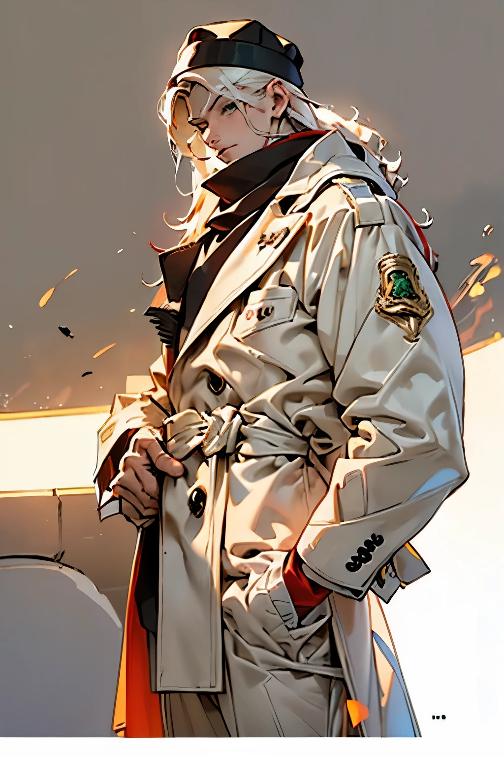 One with a hat、Drawing of man in coat putting hands on face, long white hair,beige hat,Beige trench coat,Golden green eyes,earthy red scarf,fair skin,black leather gloves ,dark background,Two-dimensional style