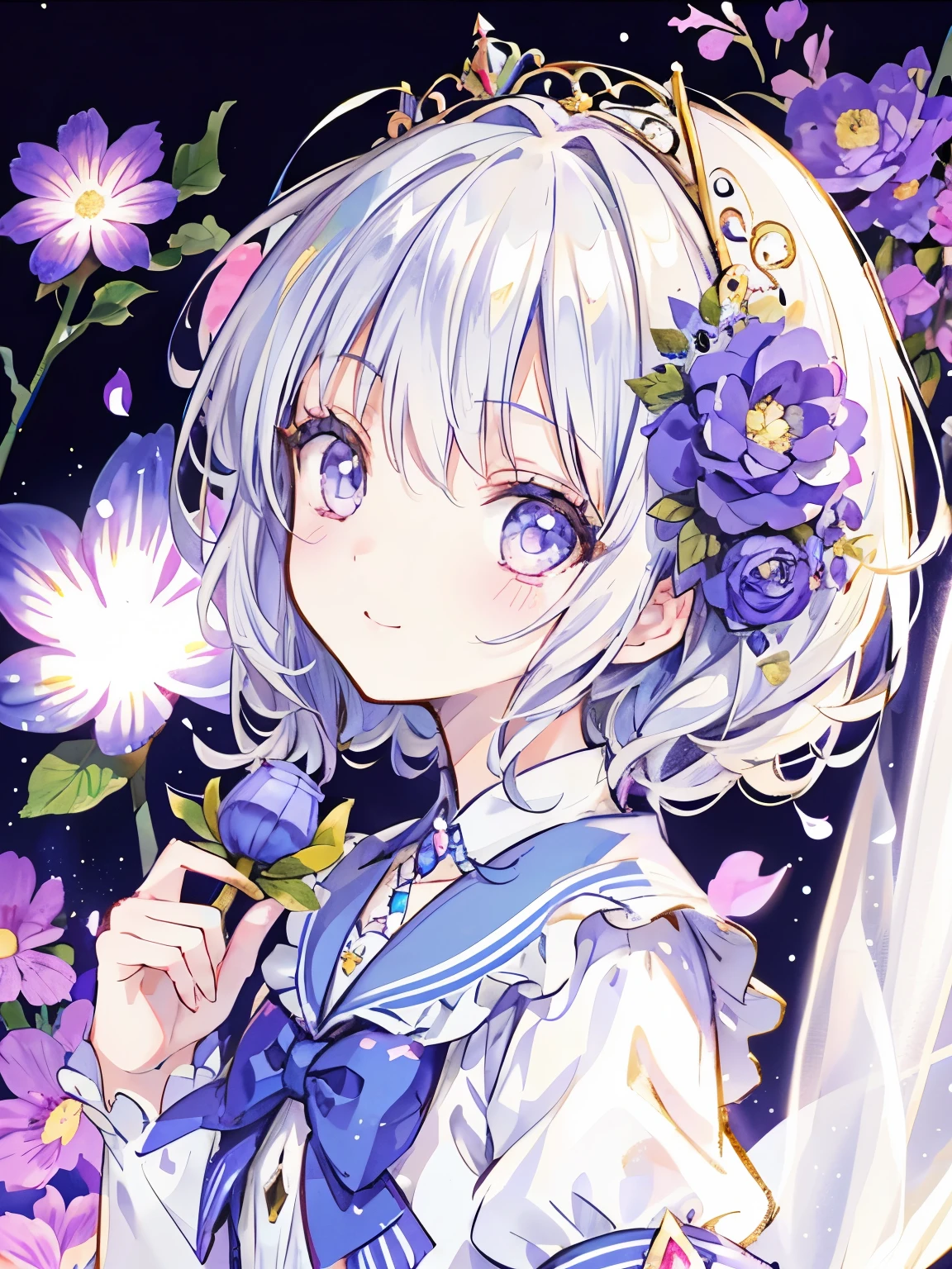 girl,((It's a Small World:1.3)),smile,Princess style from the fairy tale world,alice in wonderland,cheshire cat,close up of face,(Flower background:1.2)