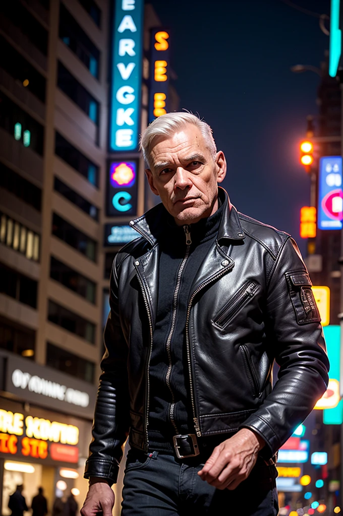 One man, old cyborg, male, cyberpunk style, robot, cyborg, mechanical head, mechanical implants on the body, gangster, mechanical rugs, leather jacket, khaki pants, night, street, city of the future, neon, cyberpunk style, bokeh, eye contact, looking at the viewer,  masterpiece, best quality, perfect detail, perfect face detail, perfect eye detail, perfect skin detail, depth of field, perfect lighting