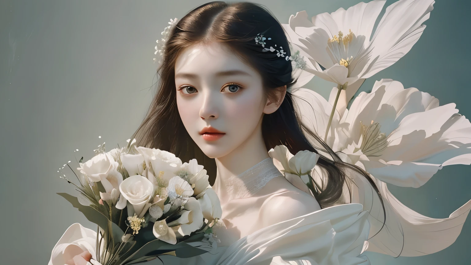 Arafad woman in white dress holding bouquet of flowers,Julianne's fine art paintings,tumblr,,Zhang Jingna,portrait,shaxi,fine art fashion photography,with flowers,女性portrait,