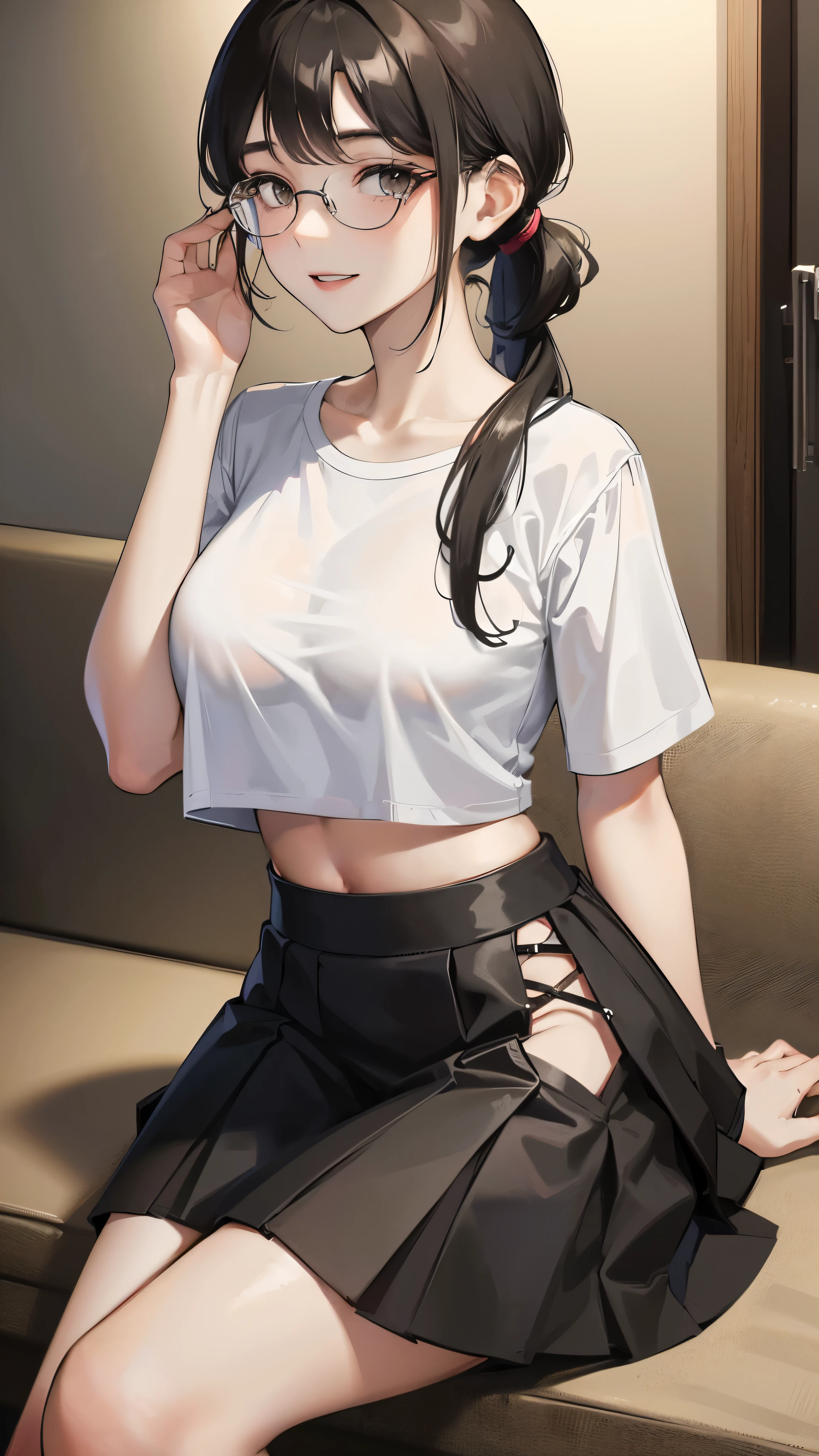 1 female,,black hair,beautiful low ponytail hairstyle, (Miniskirt and large plain white T-shirt, (under bust:1.2), short sleeve, natural smile,,frameless eyeglasses,(leaning forward)