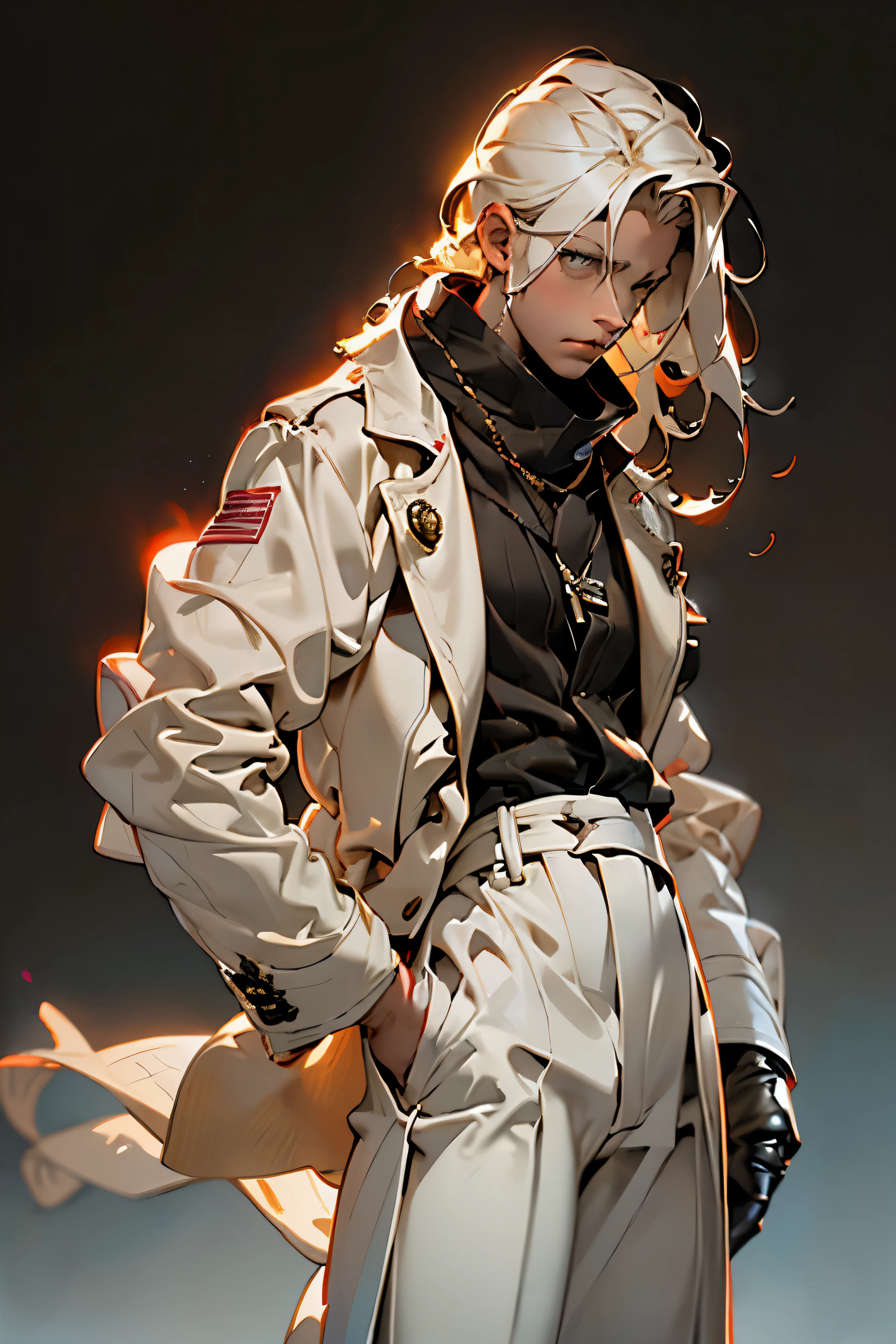 One with a hat、Drawing of man in coat putting hands on face, long white hair，Beige hat，Beige trench coat，golden green eyes，Earthy red scarf，White skin，black leather gloves ，dark background，Two-dimensional style