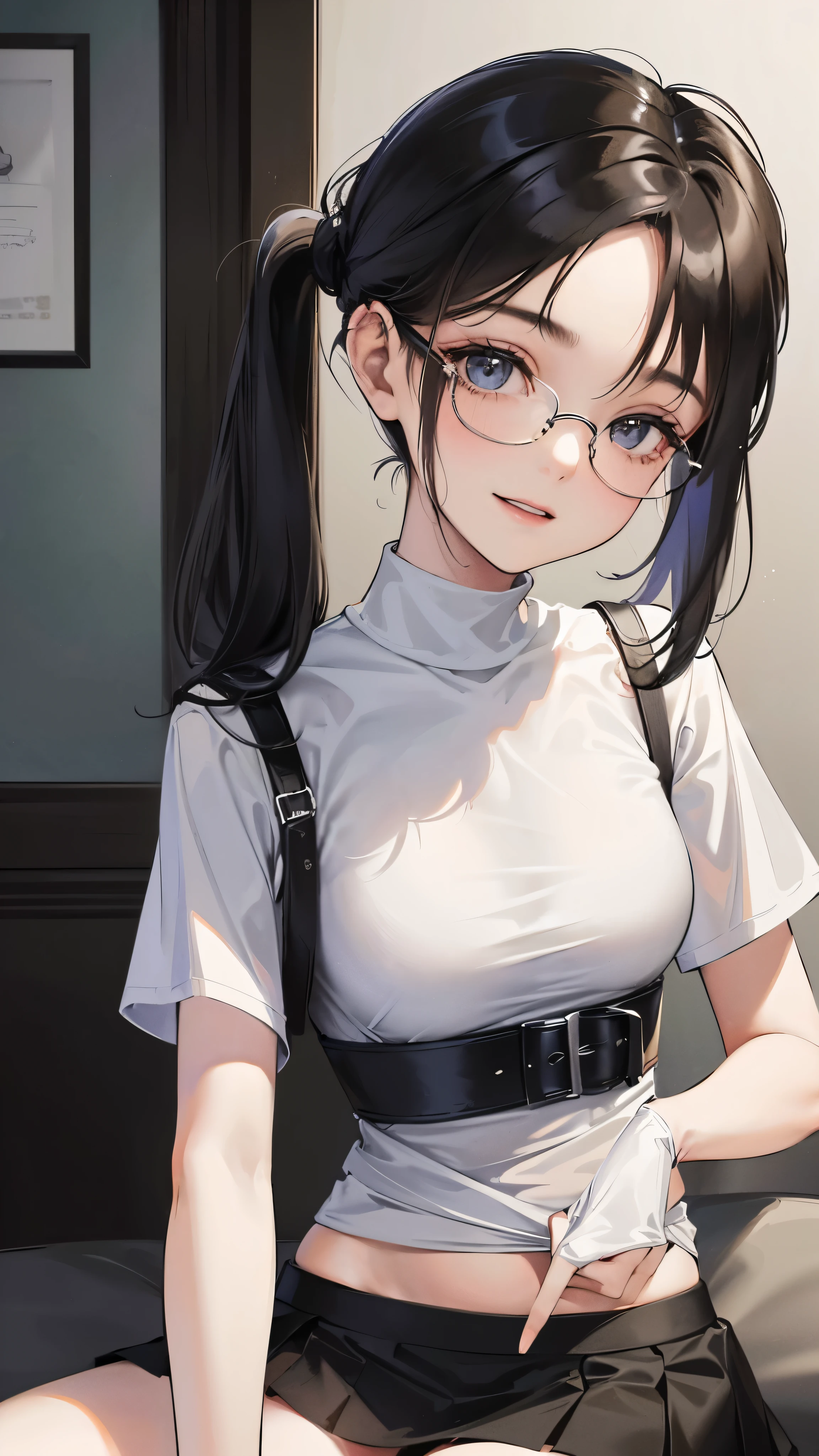 1 female,12 years old,black hair,beautiful low ponytail hairstyle, (Miniskirt and large plain white T-shirt, (under bust:1.2), short sleeve, natural smile,,frameless eyeglasses,(leaning forward)