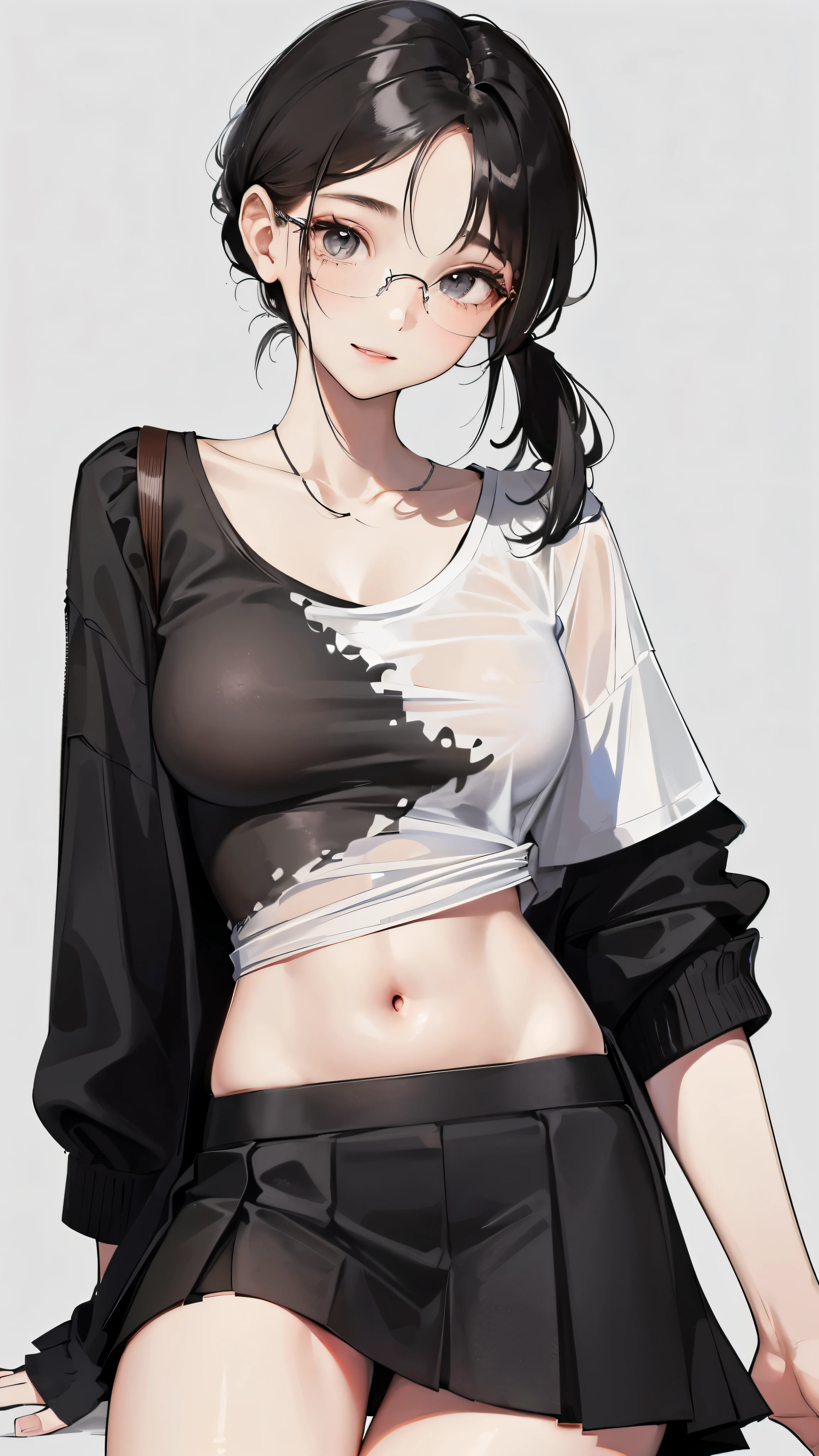 1 female,,black hair,beautiful low ponytail hairstyle, (Miniskirt and large plain white T-shirt, (under bust:1.2), short sleeve, natural smile,,frameless eyeglasses,(leaning forward)See-through