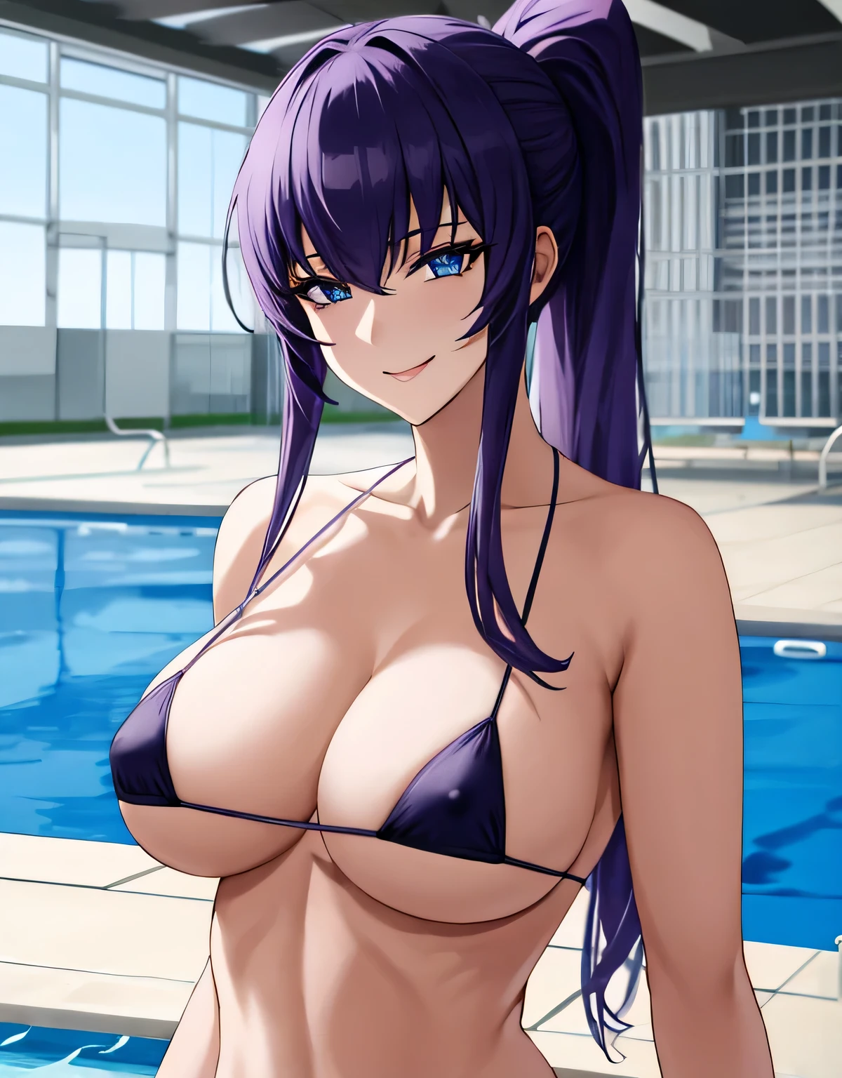 Busujima_Saeko,purple hair,ponytail,long hair,indoor pool,(big breasts:1.5),shiny,hair,((alone)),((masterpiece)),((highest quality)),perfect anatomy,slim waist,perfect image,8k UHD,(detailed and beautiful eyes:1.3),highly detailed face,Are standing,(Upper body:1.1),(look ahead:1.1),back arm,super detailed,disorganized,High resolution,(sensitive smile:1.2),micro bikini,deep cleavage,