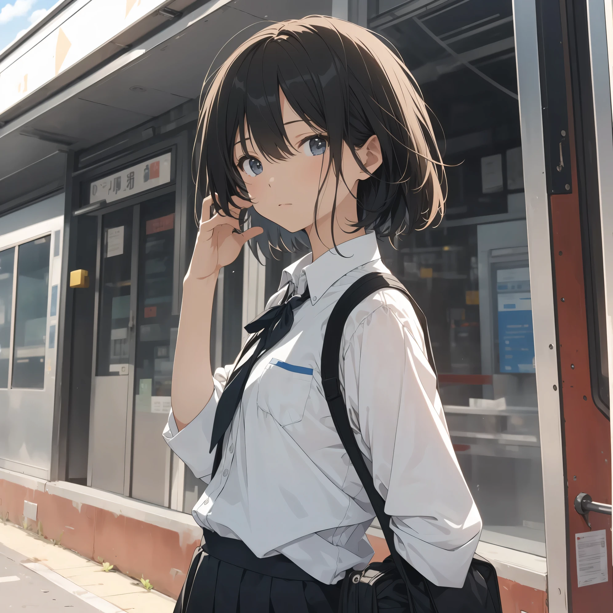 Ultra-highest quality by the art god, super detailed, High resolution, anime moe art style, Best Anime 8K Kona-chan Wallpaper, pixiv contest winner, perfect anatomy, break,(眠そうにalone学校へ行く女の子を描いてください. )break, 1 girl,(alone,little woman,:1.3),All limbs, full finger,, immature charm, (very short hair), bangs, flat chest, Because I'm slender, thin body, small ass, between legs, upward facing eyes, small eyes, black eye, detailed and beautiful eyes, Well-proportioned iris and pupils, expressive eyes, lips with beautiful details, High resolutionの詳細な髪, neck ribbon, bow, school uniform, school bag.(detailed lighting), (detailed background), On the way to school. break,super dense skin, Best lighting by famous artists, 8k, figure,Hmm, rough skin