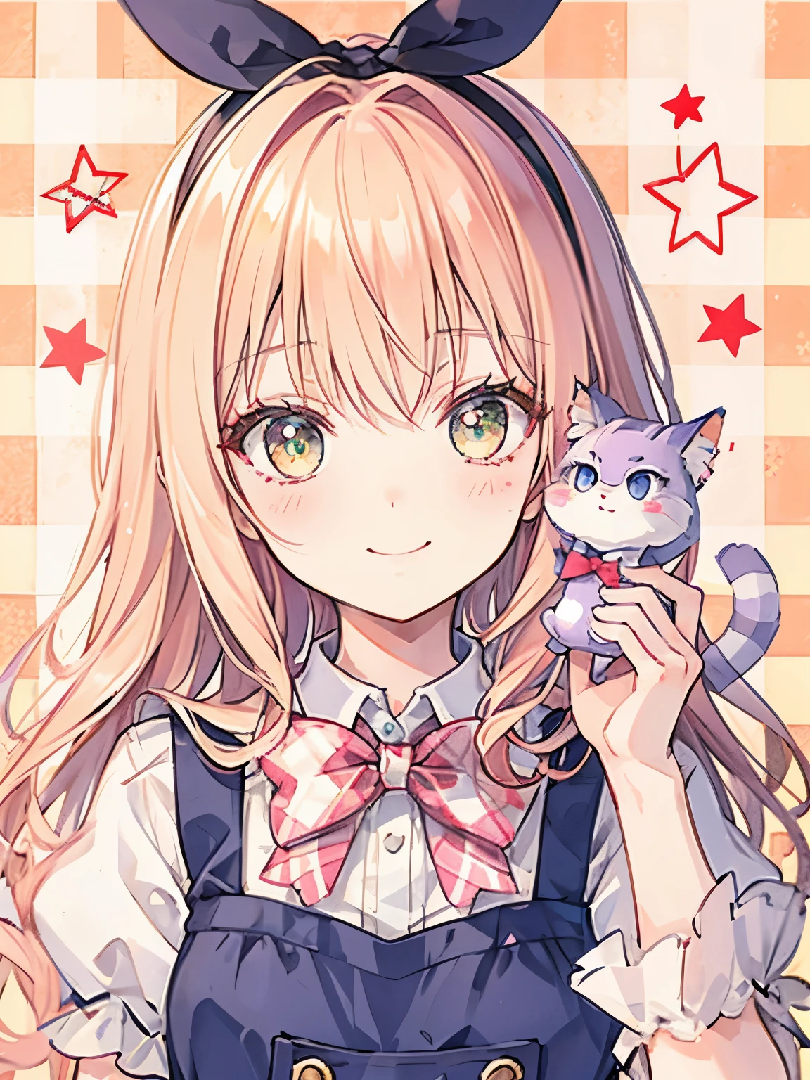 girl,((It's a Small World:1.3)),smile,Princess style from the fairy tale world,alice in wonderland,cheshire cat,close up of face,pink and yellow and white and orange,(tartan background:1.2)