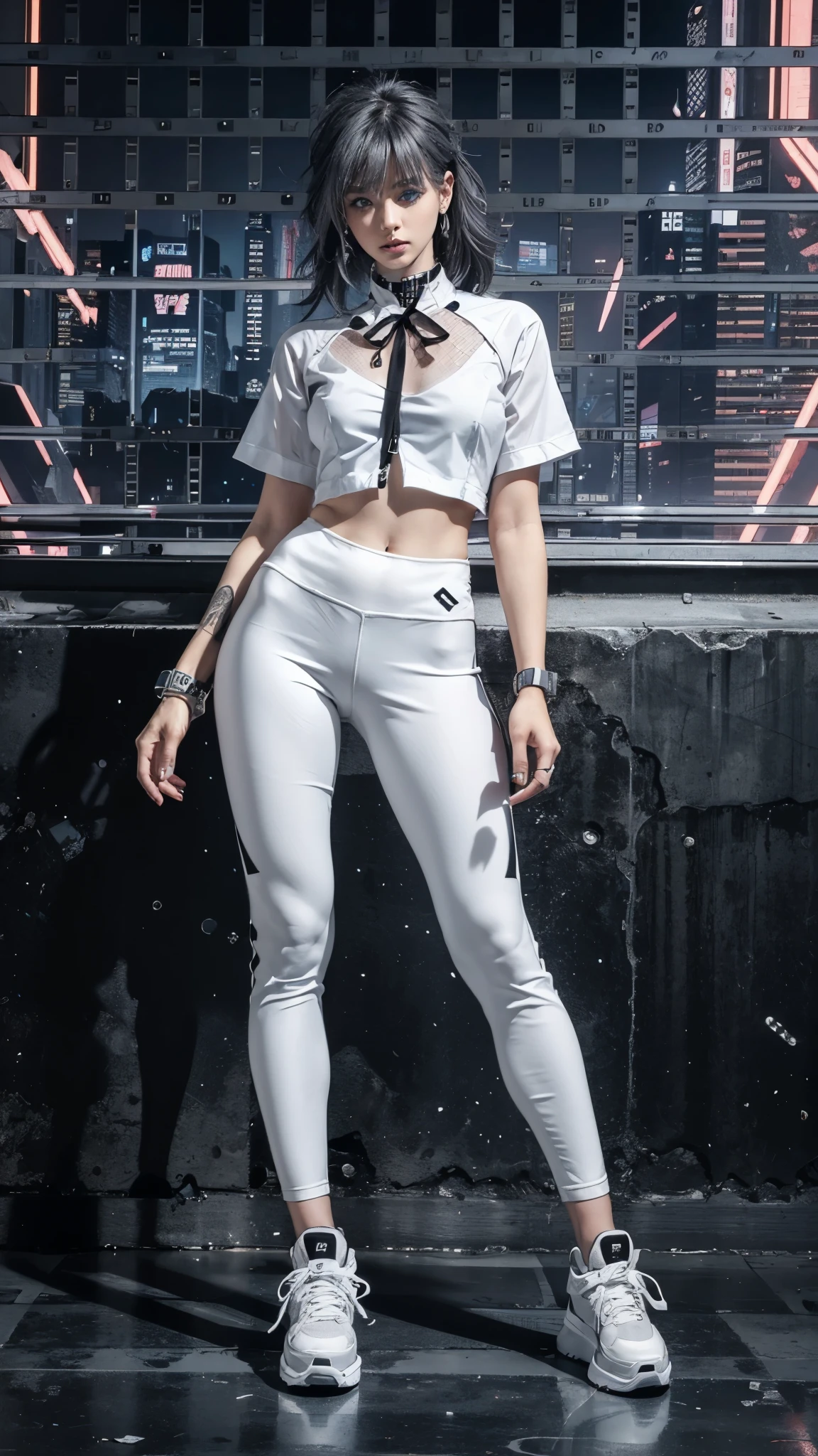 (fashion brand collection, beautiful grid, catalogue, multiple wear:1.6), highly detailed, beautiful, masterpiece, best quality, Geometric style, abstract beauty,1 girl, (all body shot, standing and posing:1.3), approaching perfection, digital painting, artstation, (concept art:1.3), illustration, white and black colors, Geometric patterns, abstract forms, Complex, surreal, (Artistic complicated background), BREAK (cyberpunk spring fusion:1.2), (futuristic monochrome style:1.2),
BREAK
(black high-collar blouse with shirt hem peeking out:1.2), (edgy cyberpunk detail:1.2),
BREAK
(white 7/8 length leggings:1.2), (streamlined design:1.2),
BREAK
(black chunky platform high-top sneakers:1.2), (bold urban style:1.2),
(ns:1.4), (revealing outfit:1.3),(gray hair, blue eyes:1.4),