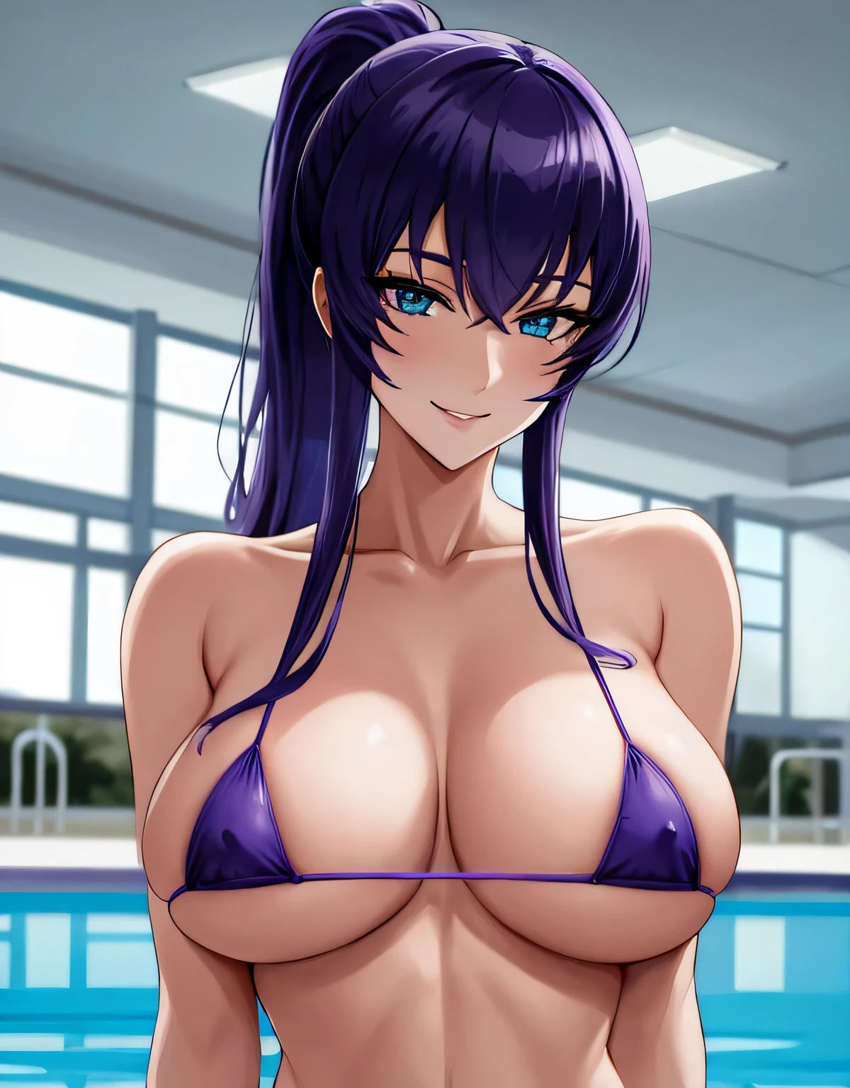 Busujima_Saeko,purple hair,ponytail,long hair,indoor pool,(big breasts:1.5),shiny,hair,((alone)),((masterpiece)),((highest quality)),perfect anatomy,slim waist,perfect image,8k UHD,(detailed and beautiful eyes:1.3),highly detailed face,Are standing,(Upper body:1.1),(look ahead:1.1),back arm,super detailed,disorganized,High resolution,(sensitive smile:1.2),micro bikini,deep cleavage,