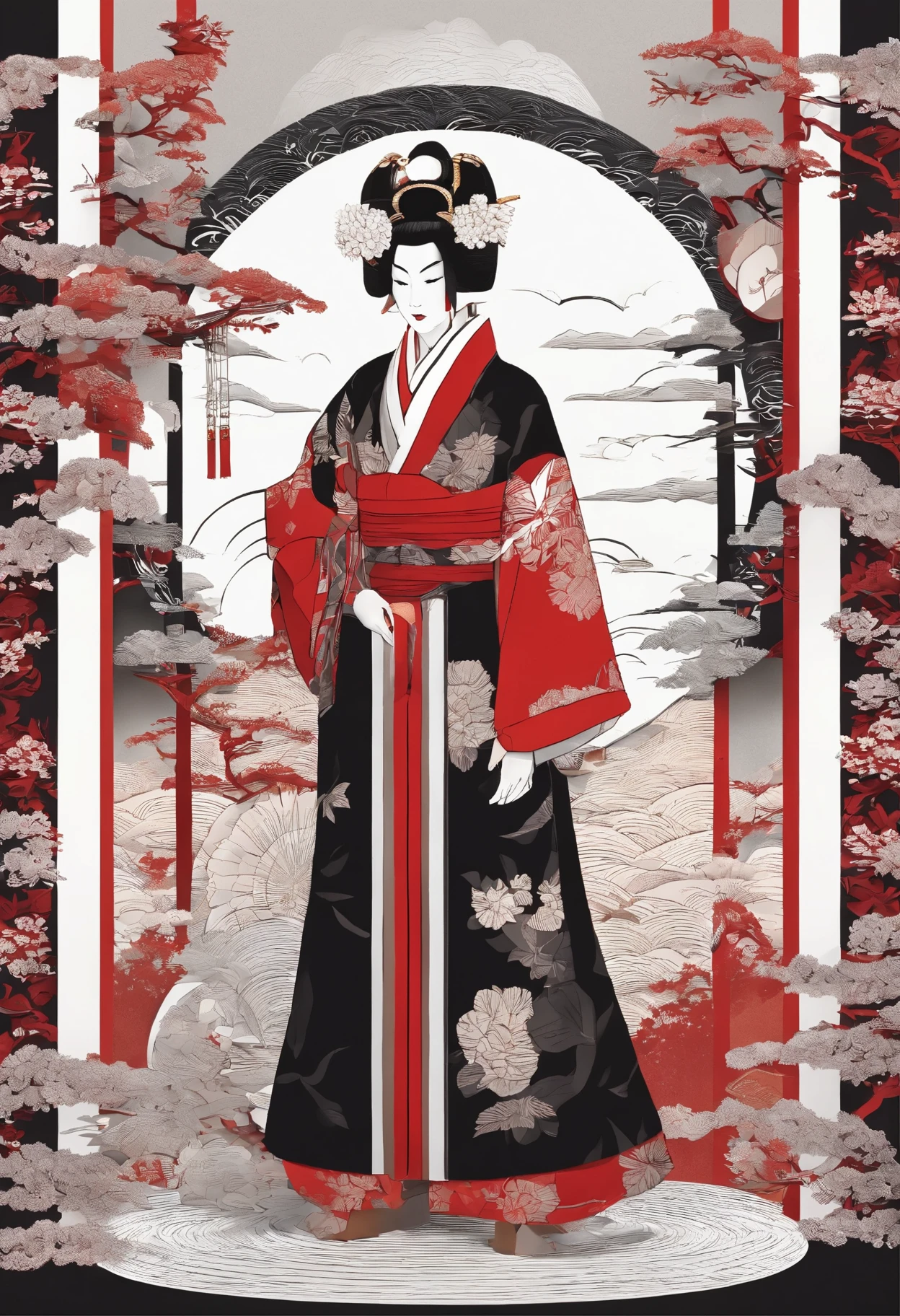 A man wearing a red and black kimono,his face is serious,black eye,He has a sword hilt that radiates energy like water、kabuki役者、kabuki、white and red line makeup、圧倒的force、force、Masculinity、back view、stage
