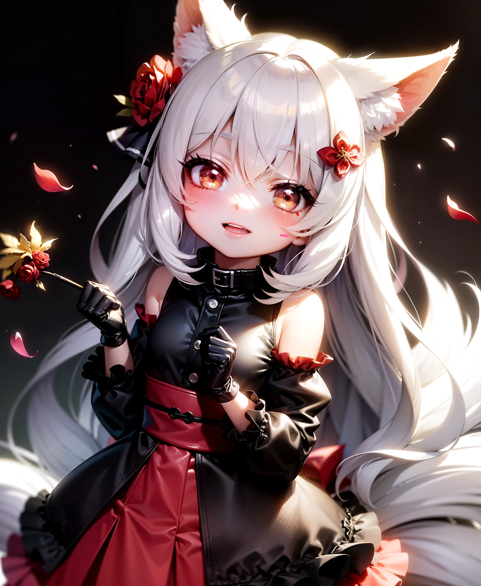 Enigma_Kitsune,  1girl,  solo,  long hair,  looking at viewer,  smile,  hair ornament,  red eyes,  gloves,  long sleeves,  dress,  holding,  animal ears,  medium breasts,  very long hair,  tail,  flower,  white hair,  grey hair,  parted lips,  black gloves,  puffy sleeves,  hair flower,  black dress,  collar,  from side,  animal ear fluff,  looking to the side,  petals,  fox ears,  makeup,  fox tail,  facial mark,  juliet sleeves,  black background,  red flower,  fox girl,  multiple tails,  eyeshadow,  red rose,  forehead mark,  holding flower,  sideways glance,  black kimono,  falling petals,  kitsune,  red eyeshadow,  red eyeliner,  official art,  specular highlights,