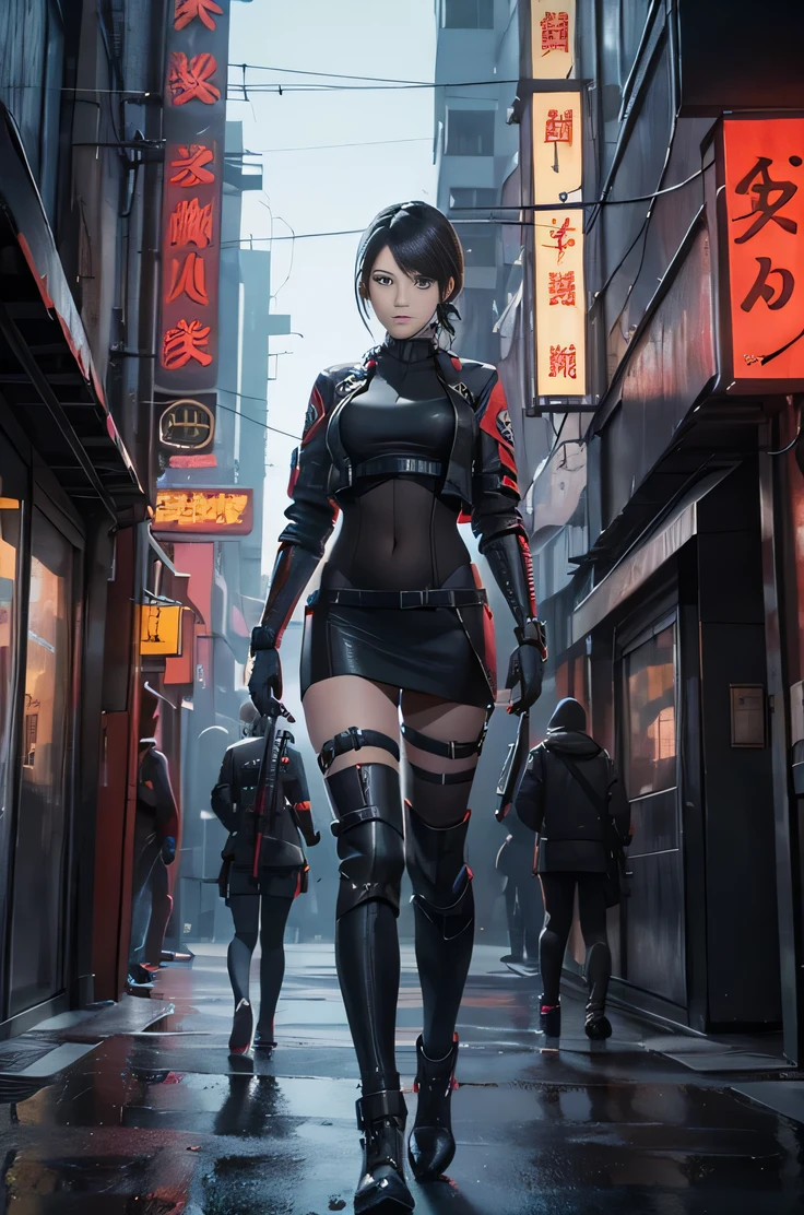 (Resident Evil Ada 1.5),expensive, chest,Has a well-proportioned body shape,{{{chopped}}},BLACK Tank Top,日本warrior,warrior盔甲,woman warrior,{{{cyberpunk city}}},expensive家,{{{neon light}}},highest quality,cyberpunk city,warrior