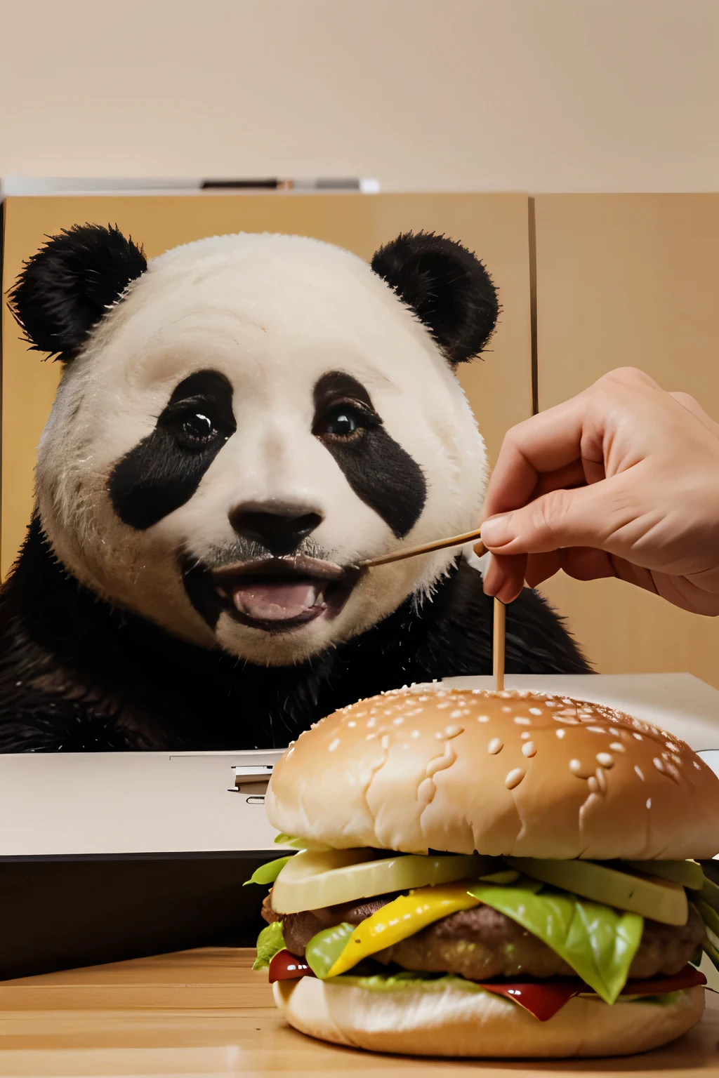 imagen de panda comiendo hamburguesa. estilo dibujo realista