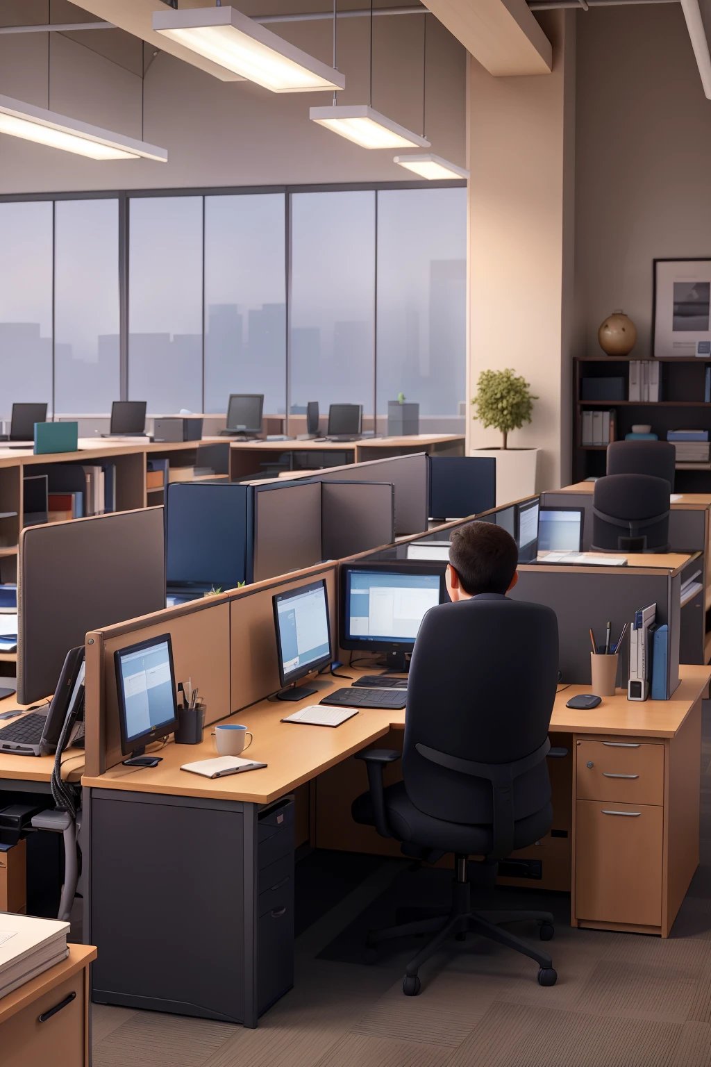 Office workstations in modern office buildings are covered with dust