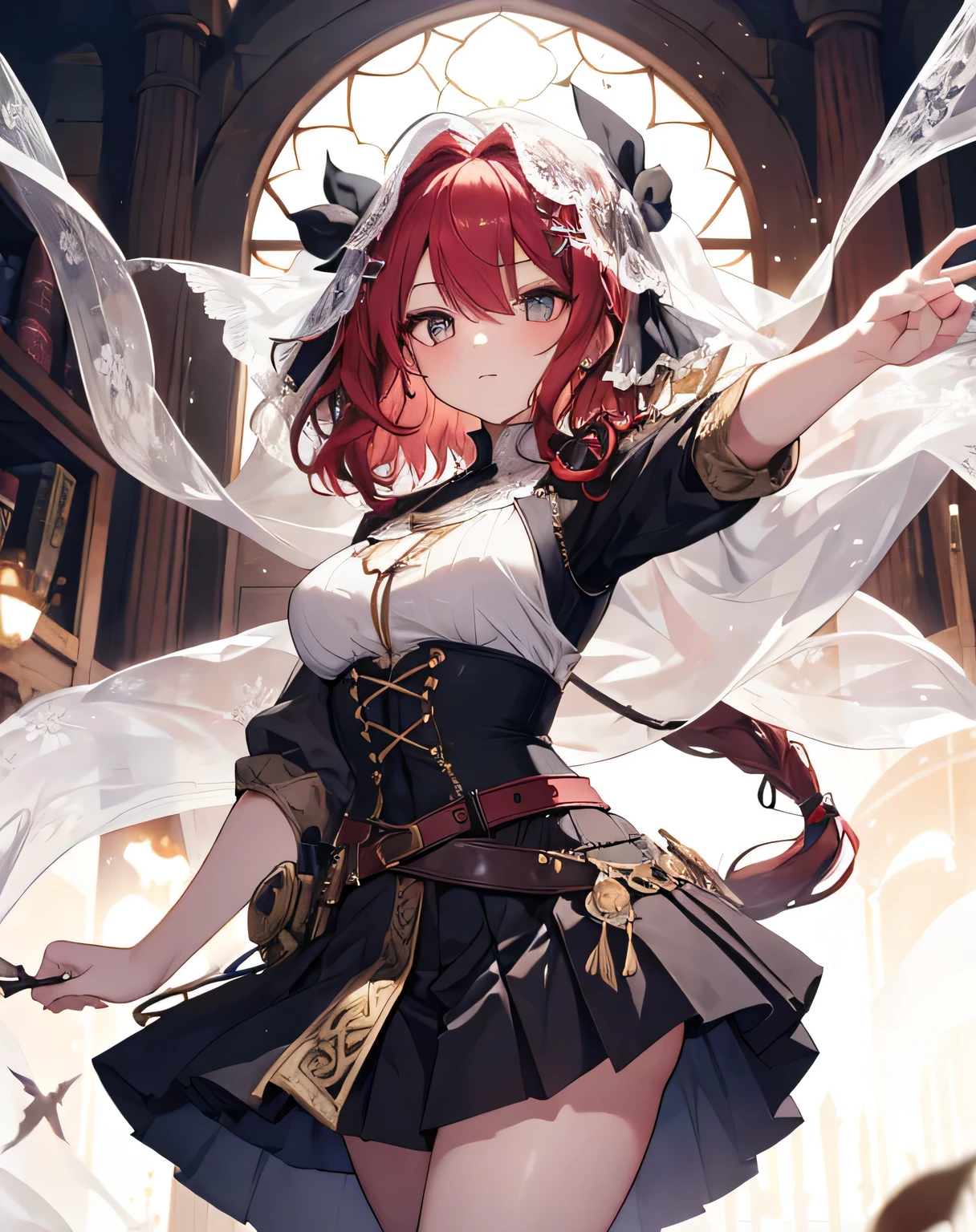 masterpiece,1girl, sparrow, a crimson haired girl, wearing a medieval persian villager clothes, curly medium hair, messy hair, black skirt, slim body, medium breasts, she close her left eye, shirt ornament, lolippai, hair ribbon, innocent face, beautiful breasts, rounded breasts, zamrud eyes, pleated skirt, she is dancing, miniskirt, veil