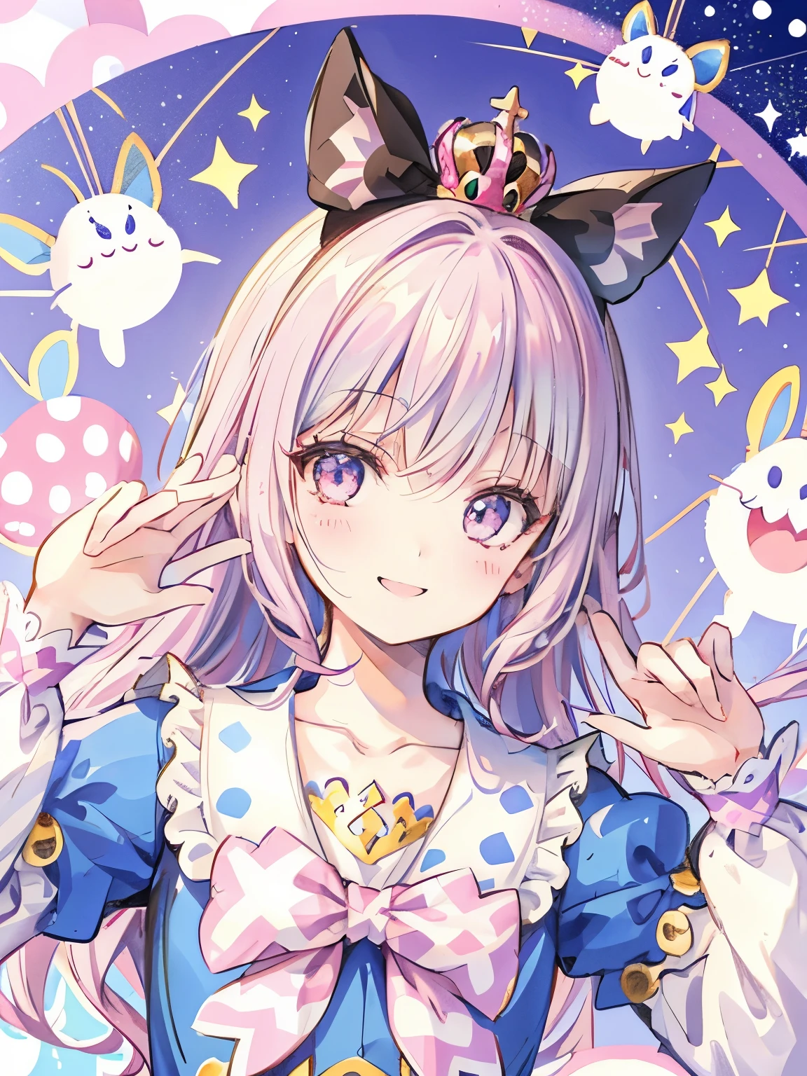 girl,((It's a Small World:1.3)),smile,Princess style from the fairy tale world,alice in wonderland,cheshire cat,close up of face,(polka dot background:1.2),red and white and pink and yellow