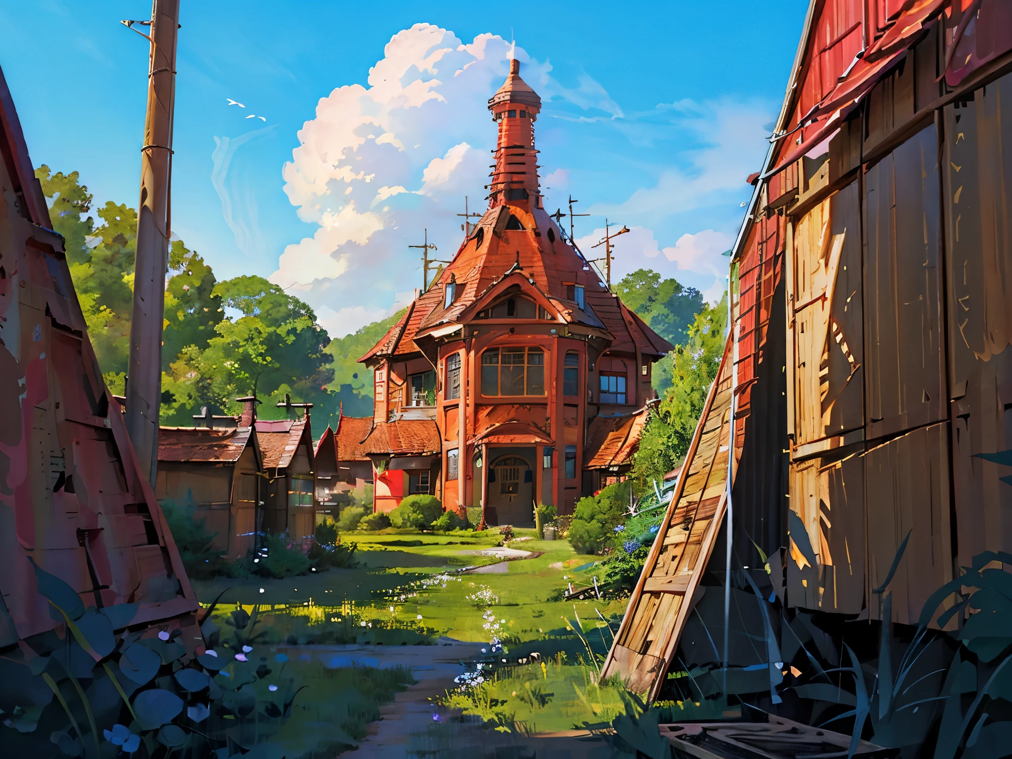 (masterpiece:1.2), highest quality, (High resolution:1.2), (incredibly absurd:1.4),(very detailed:1.4), sharp details, high contrast, there are no humans, outdoors, wood, scenery,night sky, flower, Clear skies, cloud, Grass, building, Home,chimney