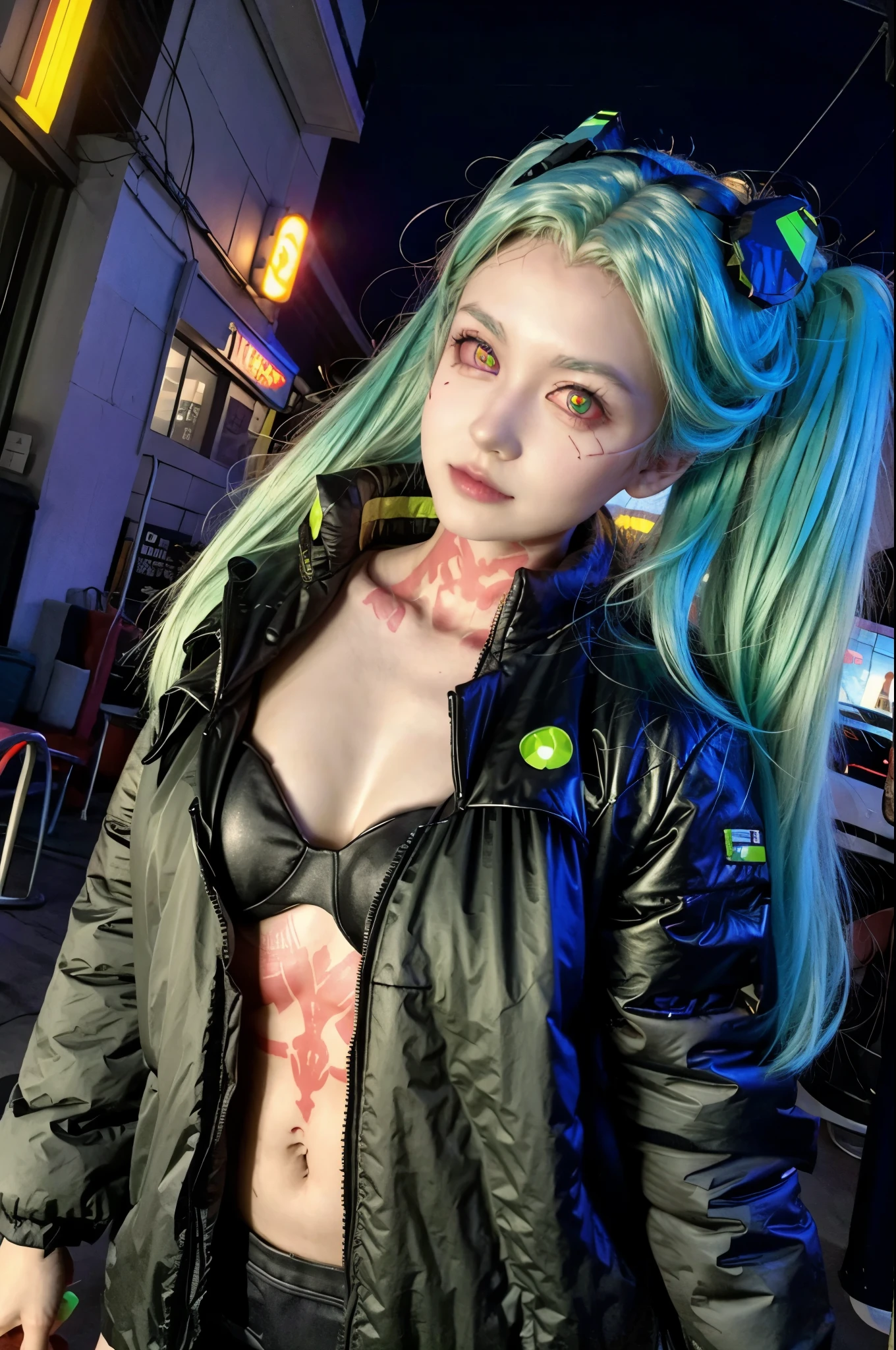 rebecca_in_Cyberpunk,(best quality), (realistic), (masterpiece), good anatomy, cowboy shot, close-up, aqua twintails, aqua long hair, mechanical eyes, ((red sclera)), ((green pupils)), open jacket, black jacket, black bra, black panties, neck tattoo, stomach tattoo, leg tattoo, bare legs, upper body, outdoors, cyberpunk,neon trim, neon lights, streets, tall buildings,