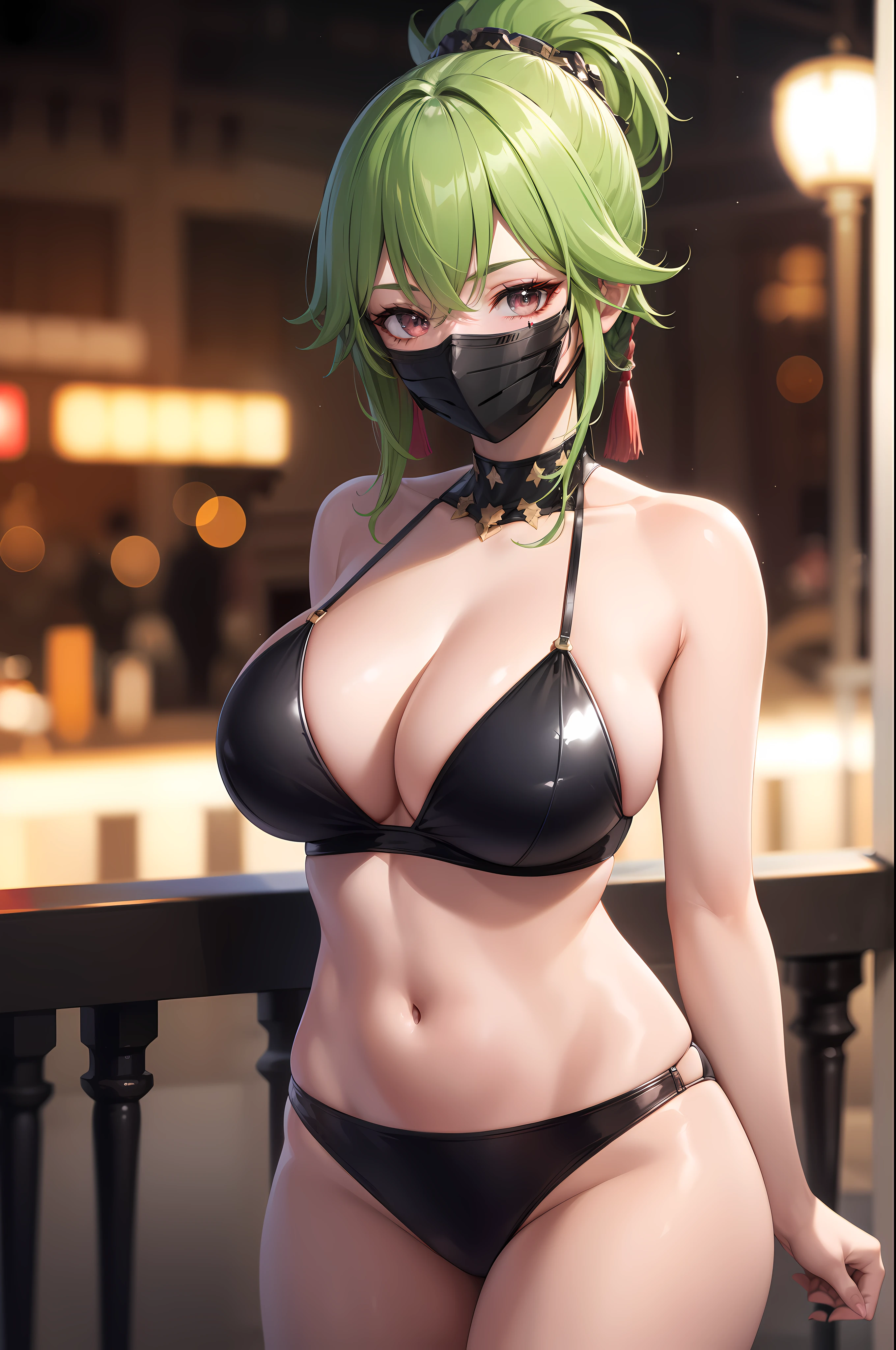 official art,very detailed CG Unity 8k 벽지, 완벽한 light,fancy, bright_front_face_light,glowing skin, (masterpiece:1.0),(best_quality:1.0), ultra high resolution,4K,very detailed, intricate details, photography, realistic, 8 thousand, hdr, mackerel, absurd:1.2, Kodak Portrait 400, film grain, blurred background, bokeh:1.2, lens flare, (vibrant_color:1.2), 1 woman, Shinobu Cookie, Black color_Bikini 1.4, Latex masks:1.4, (big bust:1.3), (mature woman) , (cowboy_launch)