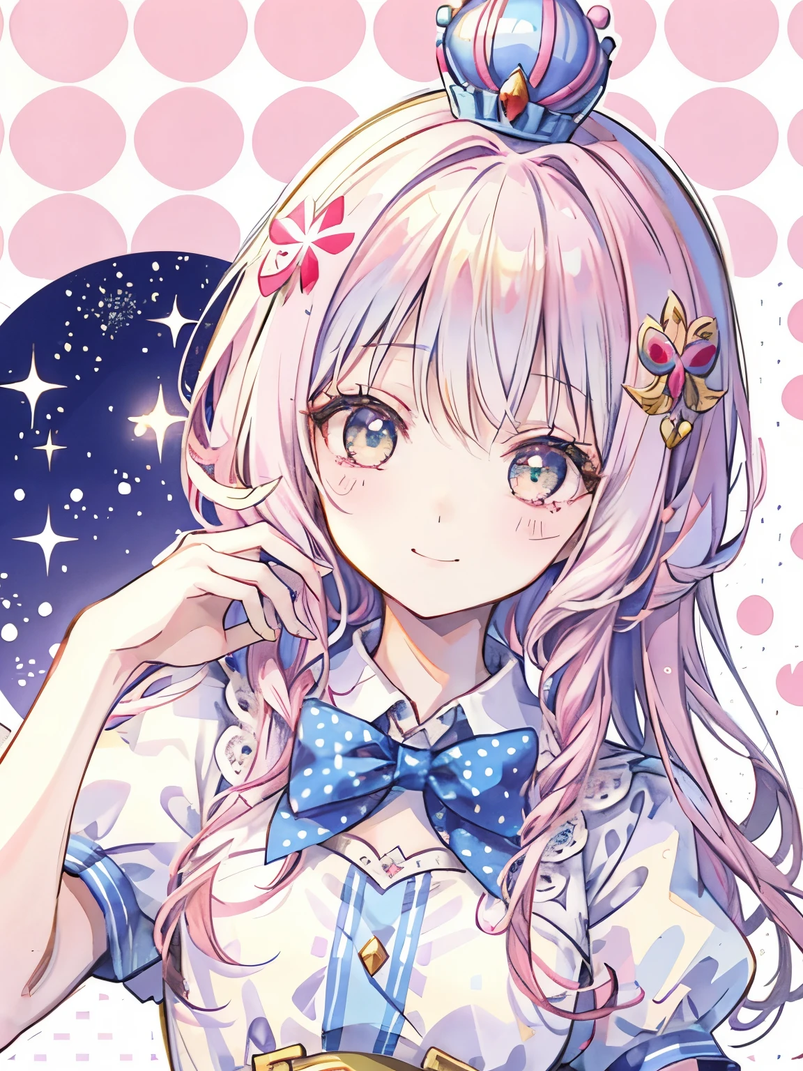 girl,((It's a Small World:1.3)),smile,Princess style from the fairy tale world,alice in wonderland,cheshire cat,close up of face,(polka dot background:1.2),red and white and pink and yellow