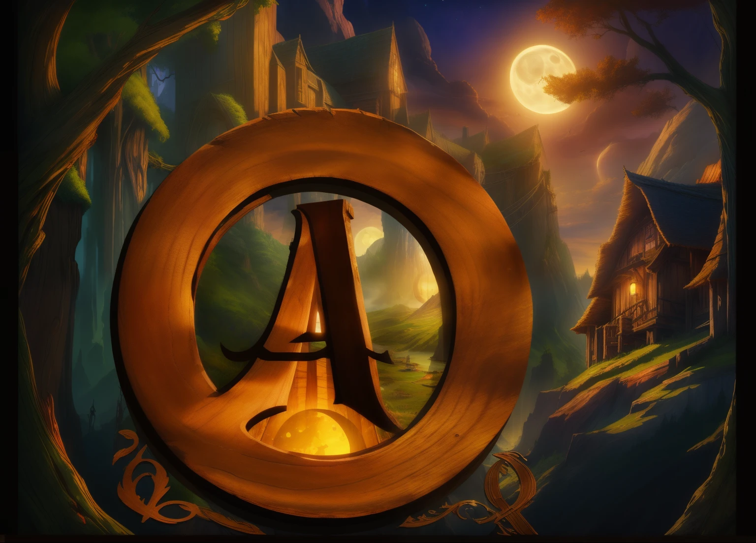masterpiece, RAW photo,
 (upper case:1.3),  (A:1.3), (wooden:1.2), fantasy,
moonlight, text, ui, bordered text, title,word art