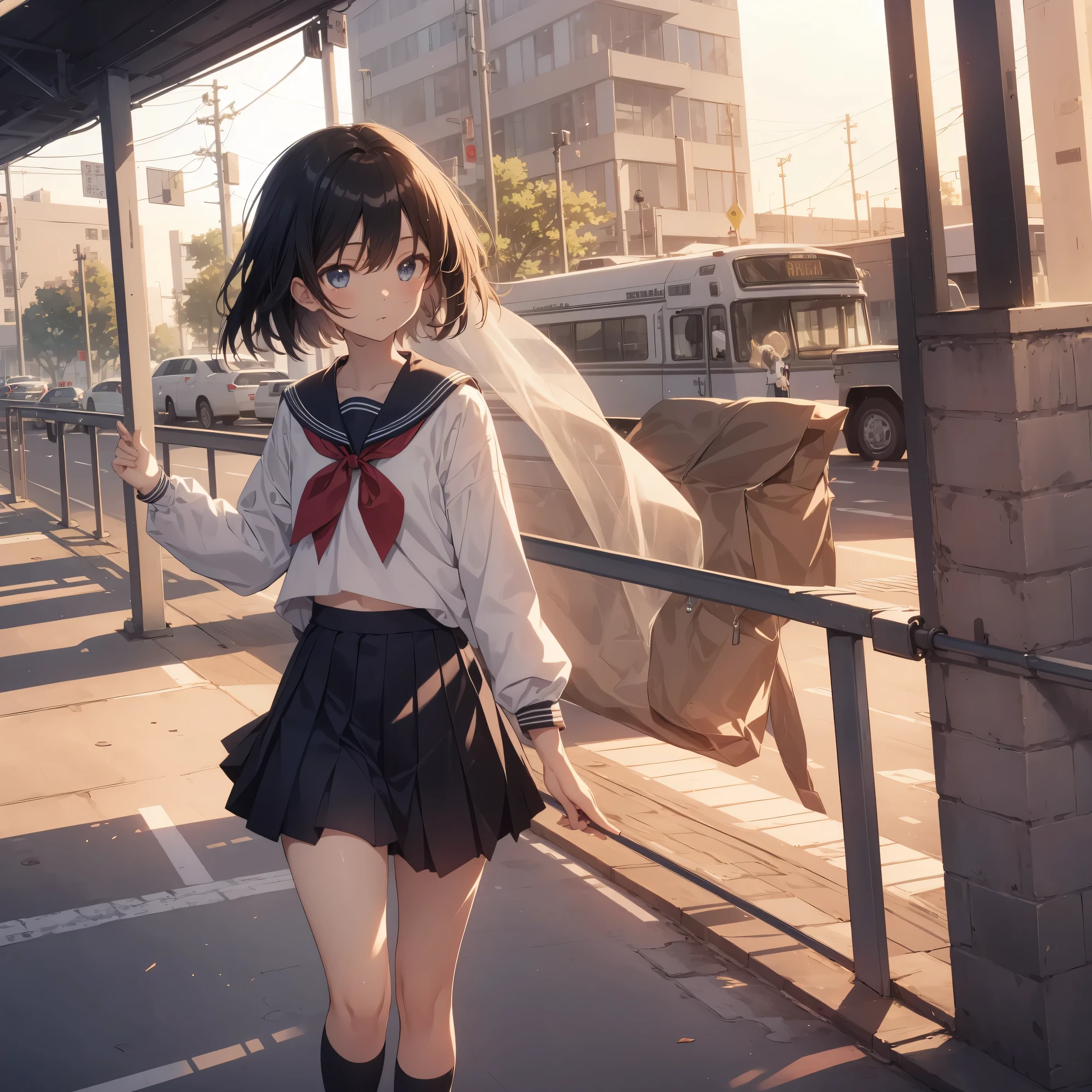 Ultra-highest quality by the art god, super detailed, High resolution, anime moe art style, Best Anime 8K Kona-chan Wallpaper, pixiv contest winner, perfect anatomy, break,(眠そうにalone学校へ行く女の子を描いてください. )break,1 girl, (alone,little woman, , 13 years old:1.3),All limbs, full finger,, The charm of an immature body, (very short hair), bangs, bow,  flat chest, Because I&#39;m slender, thin body, small ass, between legs, small black eyes, detailed and beautiful eyes, Well-proportioned iris and pupils, expressive eyes, Dense and beautiful lips, High resolutionの詳細な髪, ribbon, skirt, pleated skirt, neckerchief, sailor collar, school uniform, serahuku, shirt, school bag,(detailed lighting), (detailed background), On the way to school. break,super dense skin, Best lighting by famous artists, 8k, cute illustration,Hmm, rough skin
