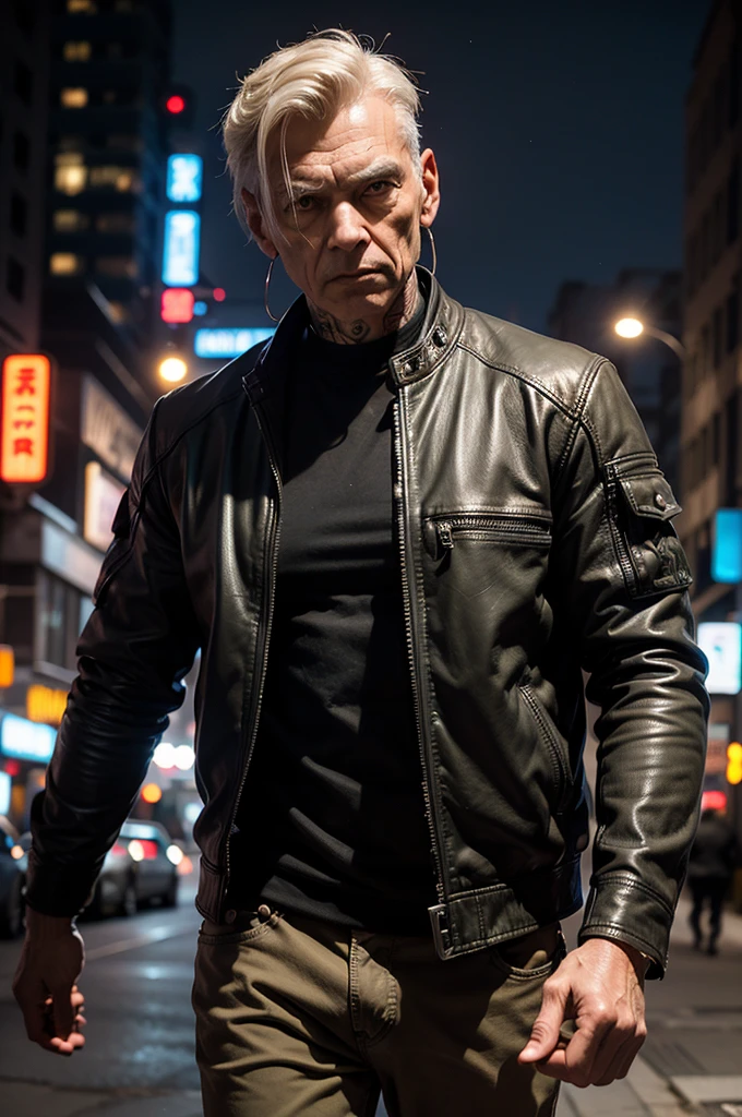 One man, old cyborg, male, cyberpunk style, robot, cyborg, mechanical head, mechanical implants on the body, gangster, mechanical rugs, leather jacket, khaki pants, night, street, city of the future, neon, cyberpunk style, bokeh, eye contact, looking at the viewer,  masterpiece, best quality, perfect detail, perfect face detail, perfect eye detail, perfect skin detail, depth of field, perfect lighting