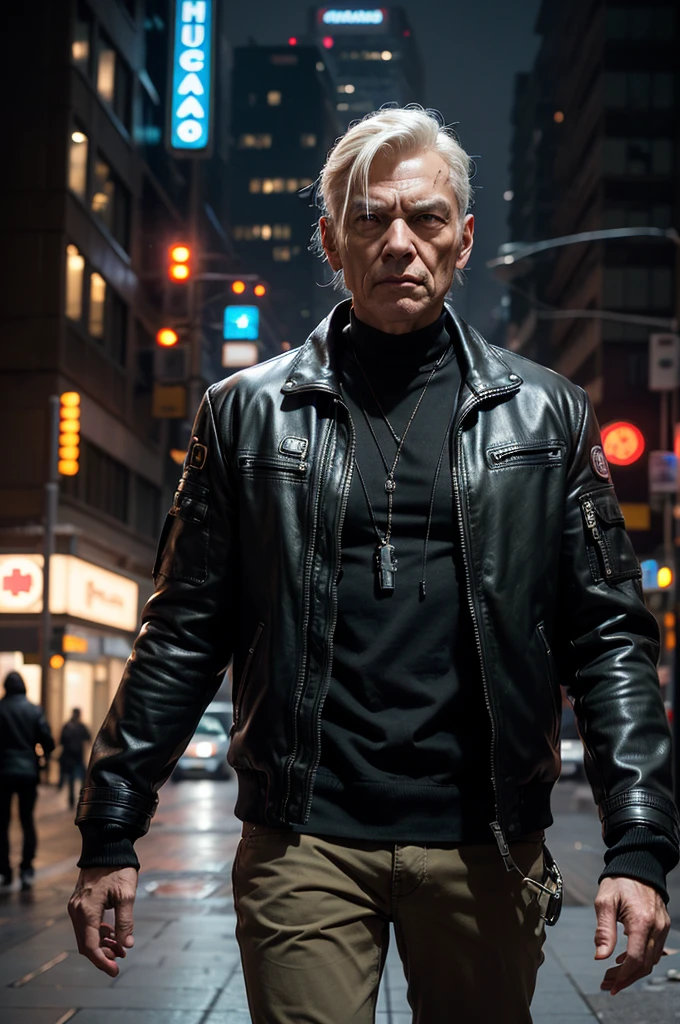 One man, old cyborg, male, cyberpunk style, robot, cyborg, mechanical head, mechanical implants on the body, gangster, mechanical rugs, leather jacket, khaki pants, night, street, city of the future, neon, cyberpunk style, bokeh, eye contact, looking at the viewer,  masterpiece, best quality, perfect detail, perfect face detail, perfect eye detail, perfect skin detail, depth of field, perfect lighting