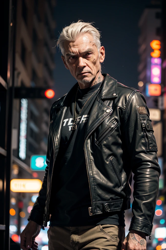 One man, old cyborg, male, cyberpunk style, robot, cyborg, mechanical head, mechanical implants on the body, gangster, mechanical rugs, leather jacket, khaki pants, night, street, city of the future, neon, cyberpunk style, bokeh, eye contact, looking at the viewer,  masterpiece, best quality, perfect detail, perfect face detail, perfect eye detail, perfect skin detail, depth of field, perfect lighting