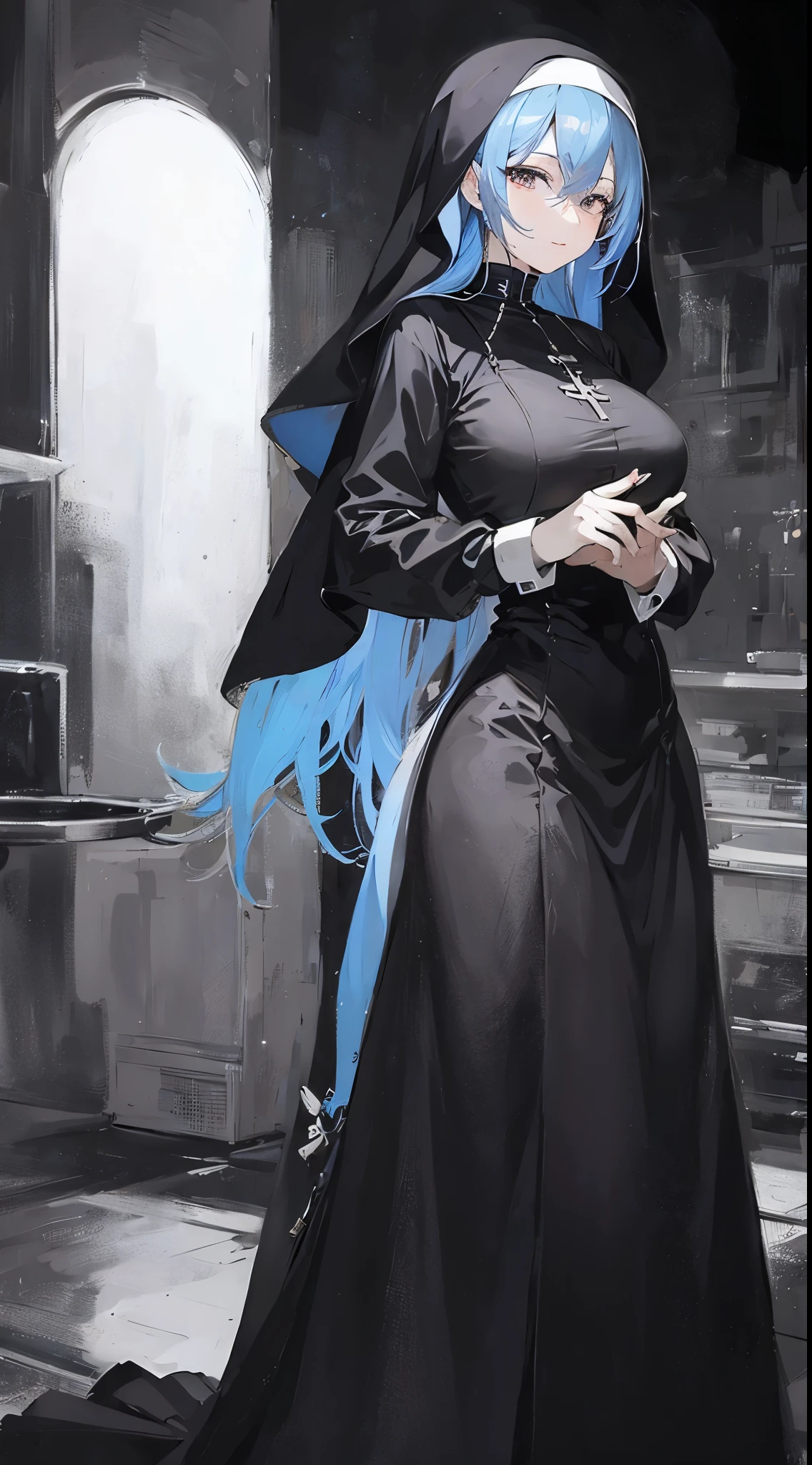 masterpiece, high definition, PERFECT FACE, anime - style image of a blue haired woman in a black nun outfit, elegant nun girl, utopia, mature and lady, smile face, from girls frontline, artwork in the style of guweiz, , background art, lighting, PERFECT EYES, looking at viewer