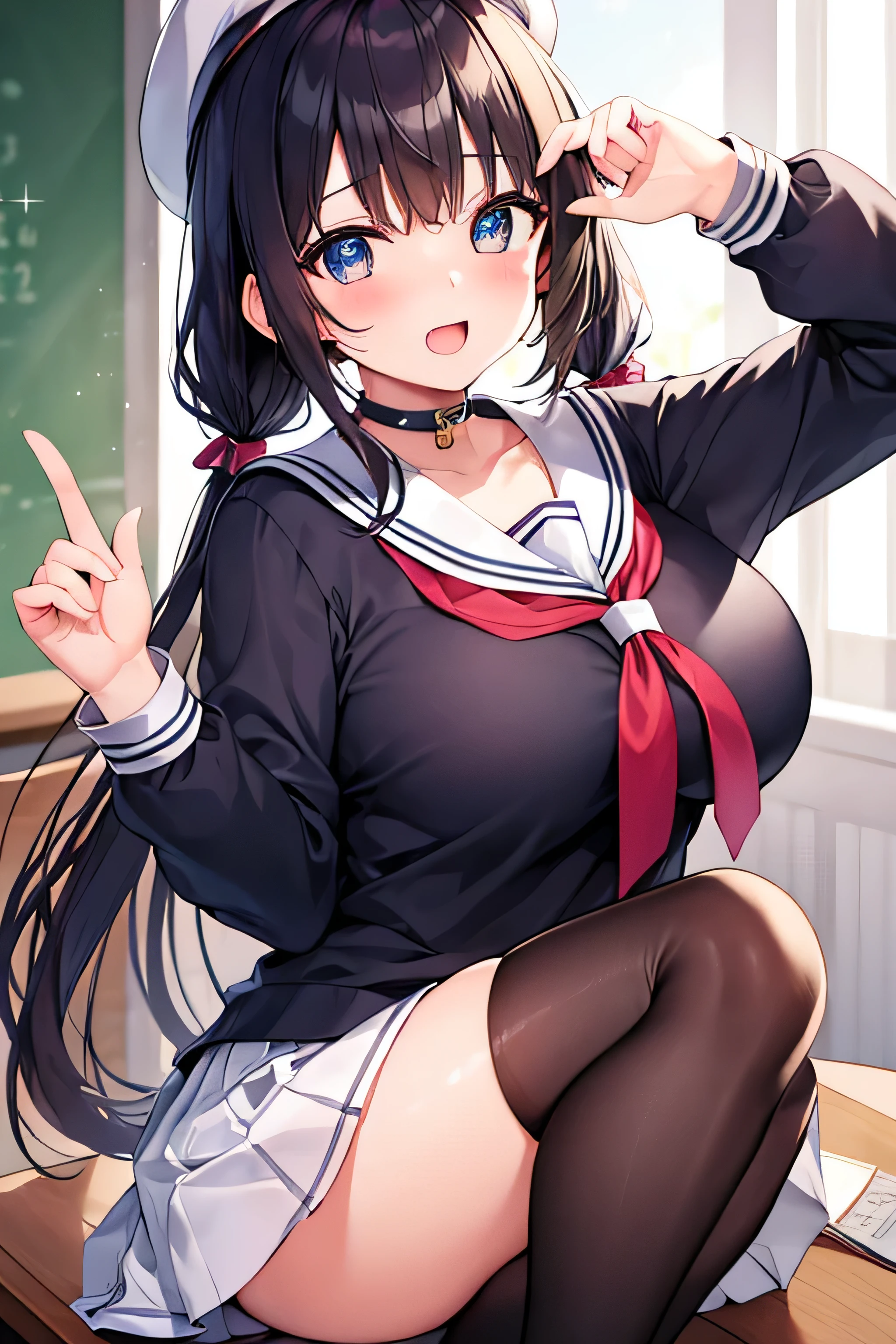 masterpiece、Highest image quality、ultra high resolution、teen girl with big tits、twin tail hairstyle、black hair、red face、mock、Open your mouth just a little、Short sleeve sailor school girl uniform、 for teenage schoolgirls、Knee high socks for teenage schoolgirls、white beret for teenage 、inside the classroom