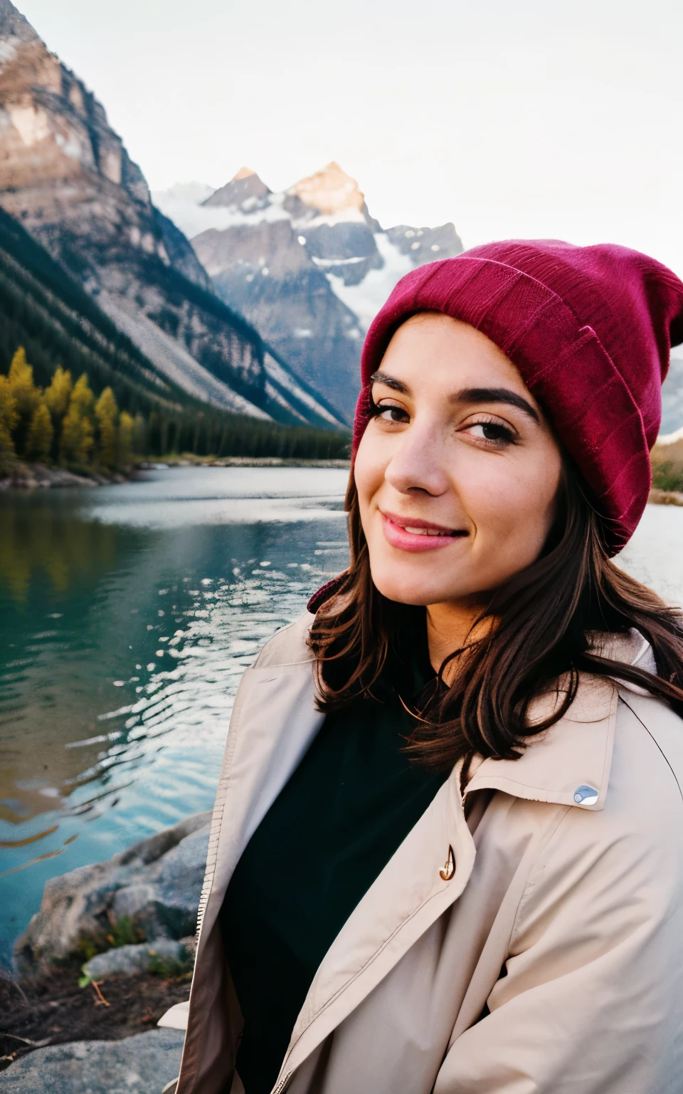 reality, Best quality, Overly detailed, Pretty woman, Photograph, lower body, Single, Wearing a shirt, showing big breasts, in the fresh air, (a night), mountains, The nature of real life, stars, Qamar, (cheery, happy), Sleeping bag, gloves, Jacket, beanie, Flashlight, forest, rocks, river, wood, smoke, fog, clear sky, analog style, Looking at the scenes, Skin texture, Film grains, close up, Very high accuracy, Best shade, raw, Instagram lot