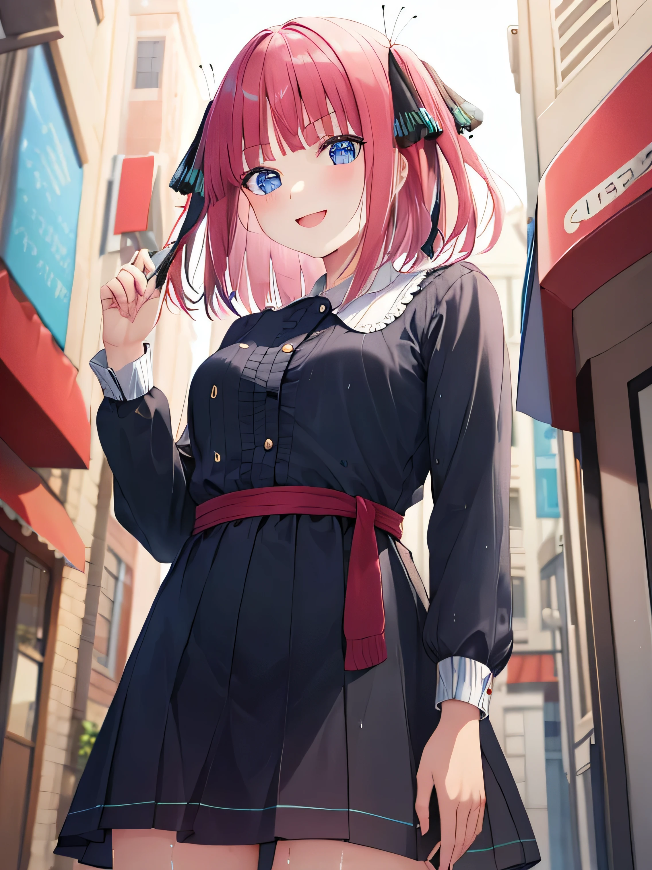 masterpiece, best quality, High resolution, Hmm 1, 1 girl, short hair, in the street、underwear、Wet、smile、looking from below