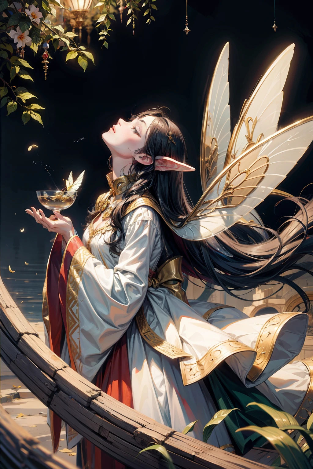 Fairy，Drinking dish，Look up，，Ancient costume，long sleeves，Fairy spirit fluttering，look up，long hair fluttering