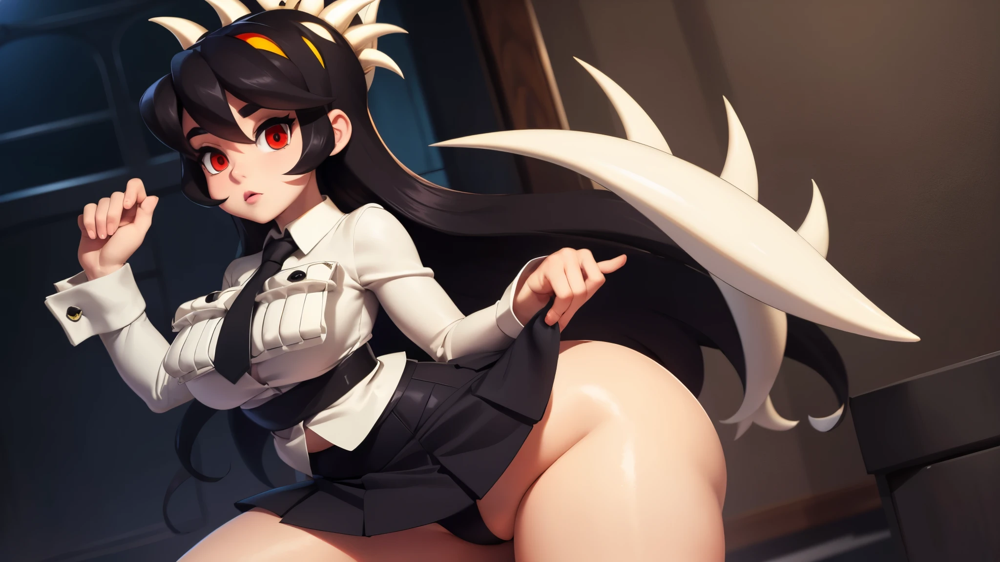 Filia, black skirt, black socks, brown shoes, tiny white shirt, tiny black tie, big breasts, wide hips, tiny waist, big thighs, big ass, long hair, anatomically perfect body, long legs, feminine and beautiful hands, detailed image, detailed body, detailed hands, masterpiece, work of art,