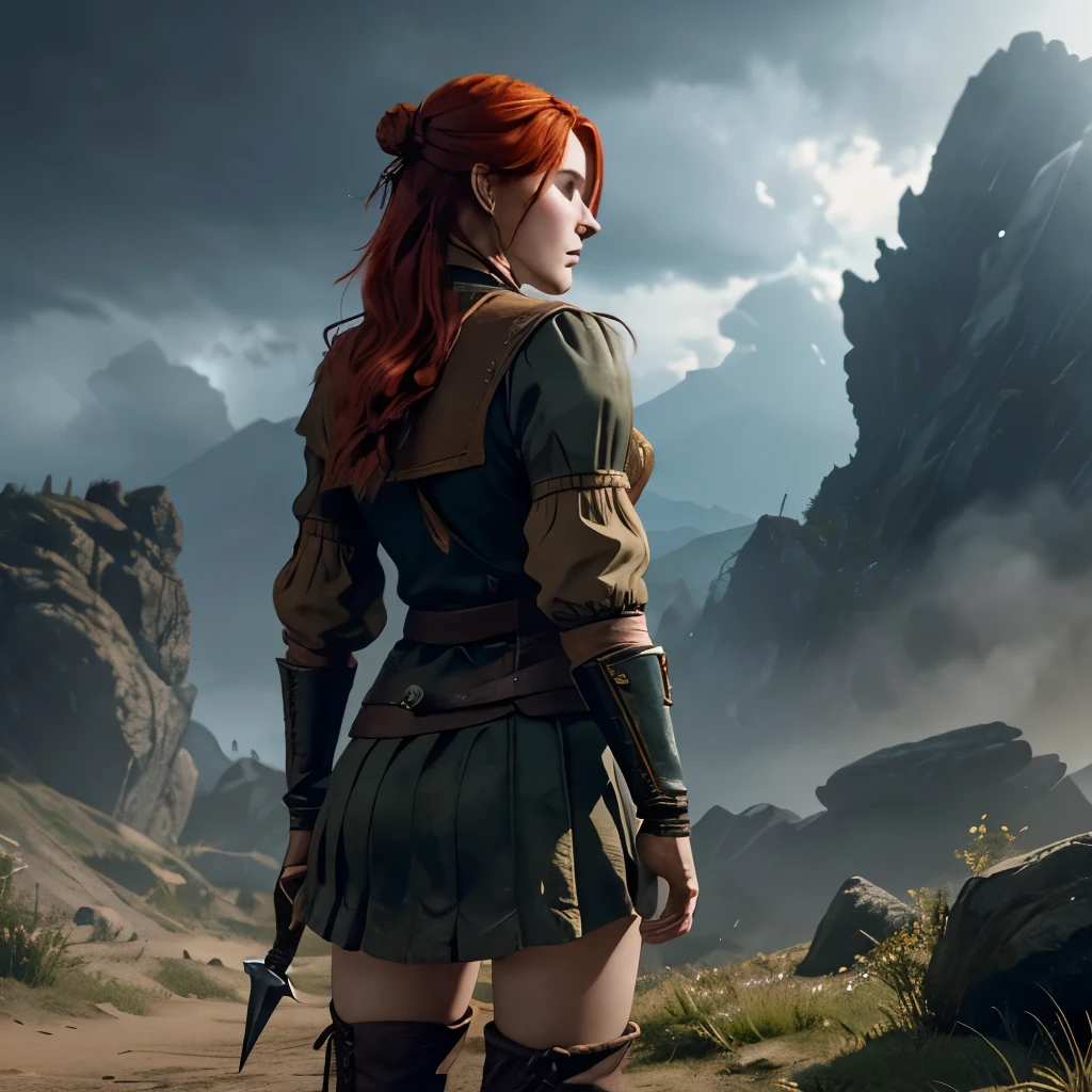 The witcher fantasy 3D game characters, ((triss merigold)), panicked and struggling, hair in a bun, short skirts, boots, captured by some complicated fanged monsters, , war situations, remote view, Terrible mystical realm background and demon spirits flying in the sky.