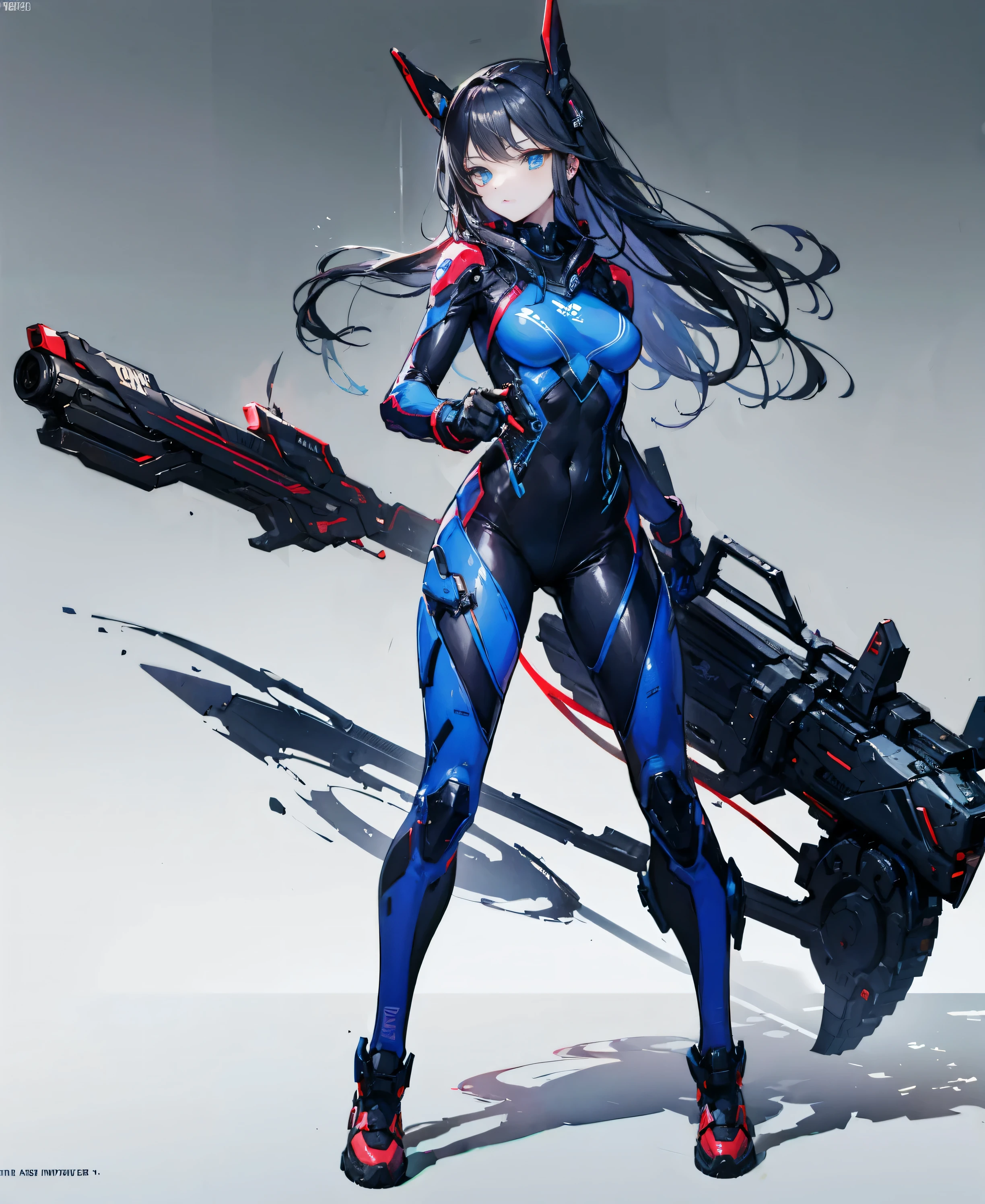 no background,girl,carry a firearm,Enamel style tight suit,use of firearms,dark blue long hair,attention arousal,blue colored eyes,no gradation
