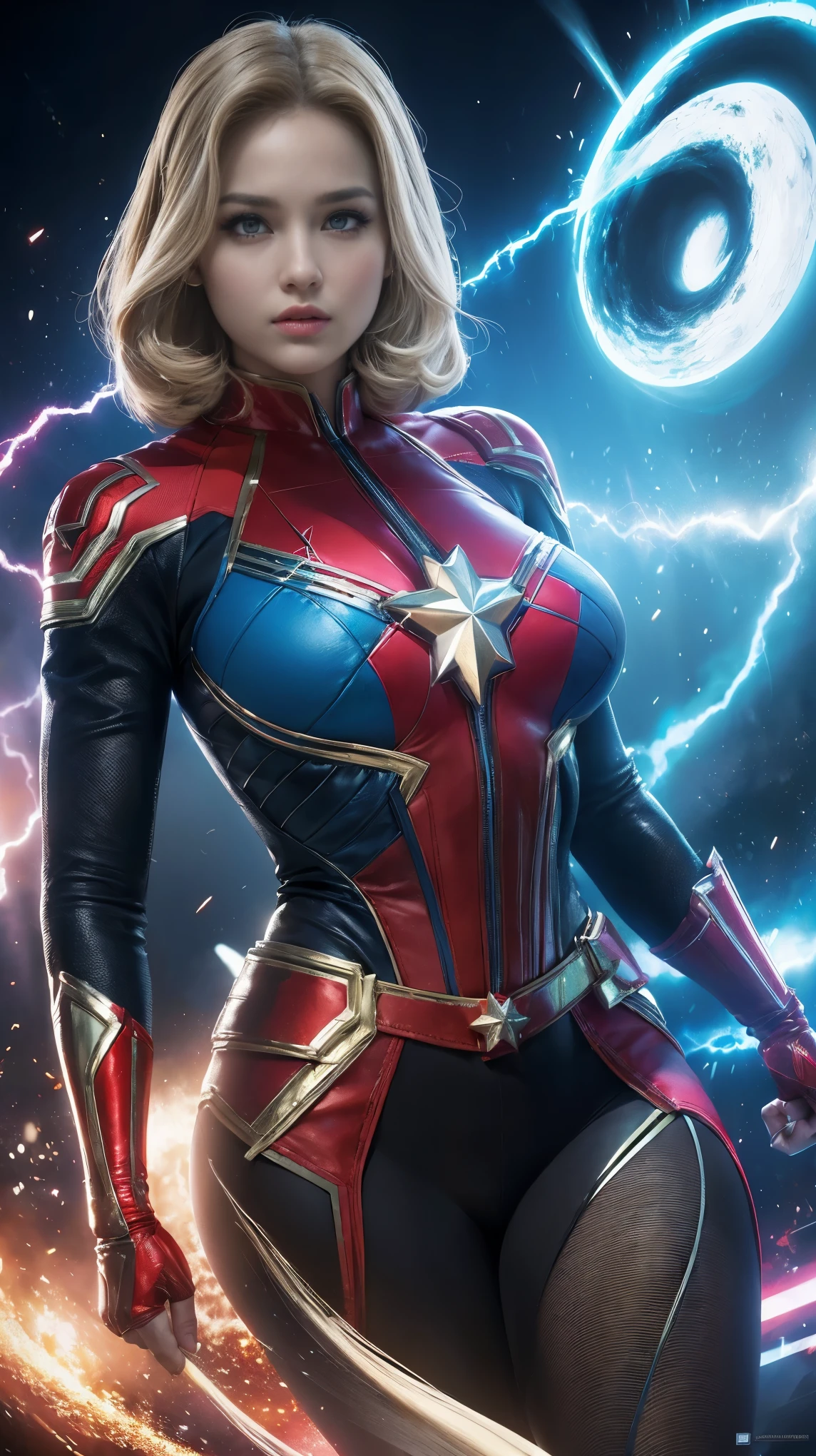 ((mejor calidad)), ((obra maestra)), (detallado: 1.4), ..3D, una imagen de una hermosa mujer ojos azules con traje de captain Marvel con cabello grueso Pechos grandes con disparos y cola grande y voluminoso, light particules, Pure energy, caos, antitech, HDR (High Dymanic Range), Trazado de rayos ,NVIDIA RTX, Super-Resolutio