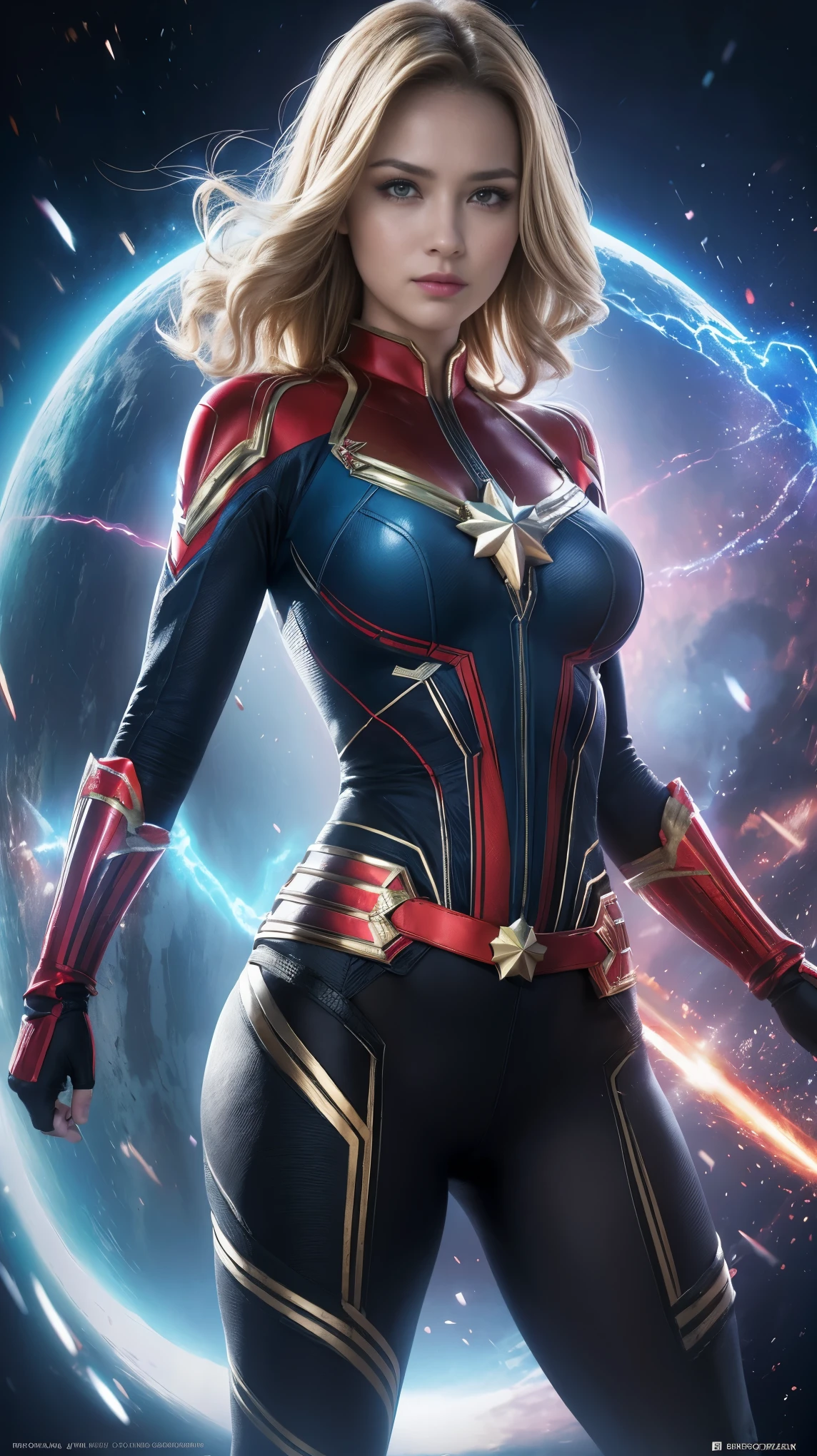 ((mejor calidad)), ((obra maestra)), (detallado: 1.4), ..3D, una imagen de una hermosa mujer ojos azules con traje de captain Marvel con cabello grueso Pechos grandes con disparos y cola grande y voluminoso, light particules, Pure energy, caos, antitech, HDR (High Dymanic Range), Trazado de rayos ,NVIDIA RTX, Super-Resolutio