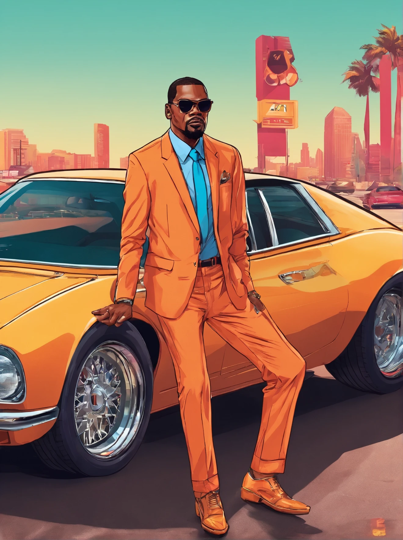 Kevin Durant,Suits and leather shoes,Wear sunglasses,Supercar in the background,gta poster style,high quality,high resolution,4K ultra-clear poster