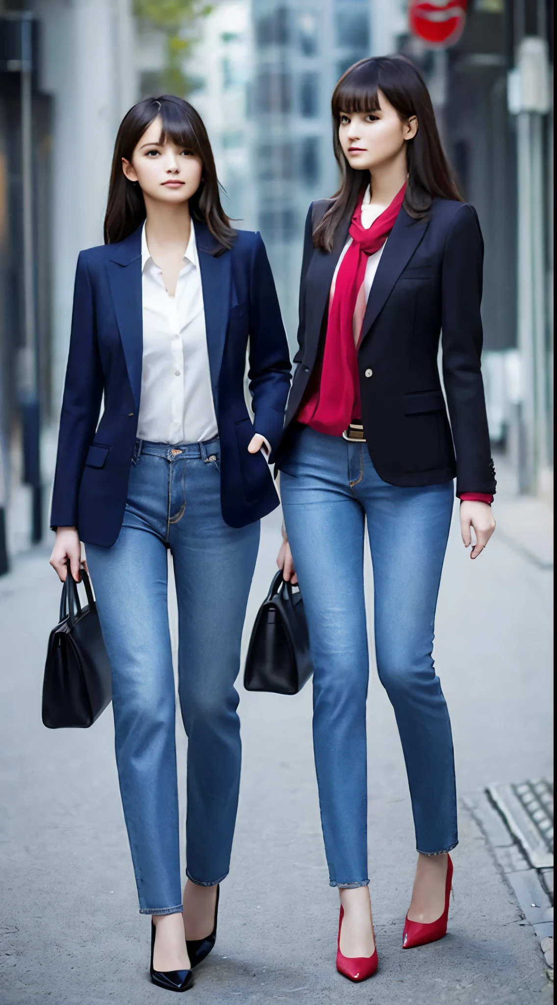 Blazer with jeans。Choose a well-tailored blazer,Wear yours with a pair of slim-fitting jeans,Show the elegance and confidence of working women。Pair it with a pair of high heels and a simple handbag,Increase the sophistication of the overall shape,from head to foot,Model style,