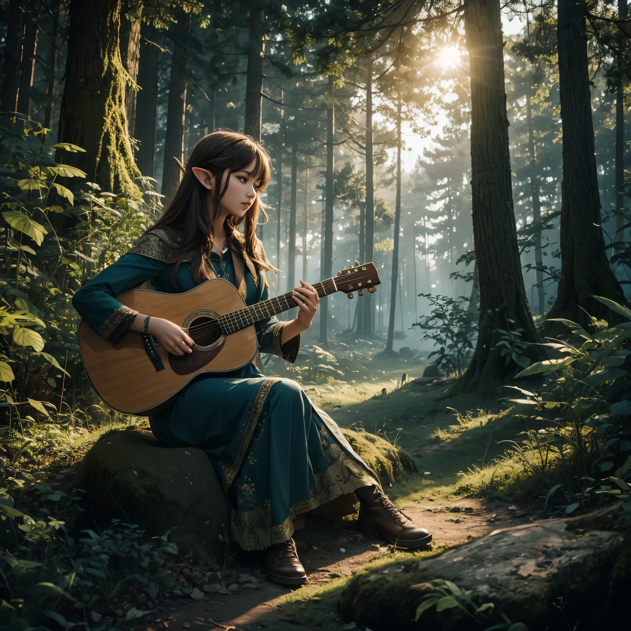 girl, solo, she is elf, playing the guitar, in the forest