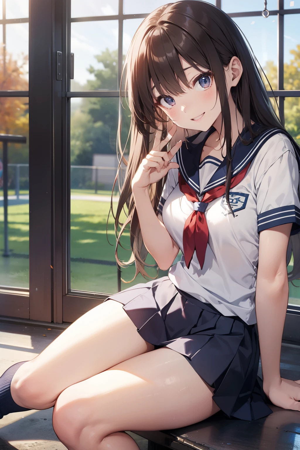 highest quality、All limbs、full finger、Slender beauty、straight hair、brown hair、long hair、barefoot、dark blue socks、sailor suit、dark blue mini skirt、beautiful big breasts、big smile、standing、sexy pose、school playground