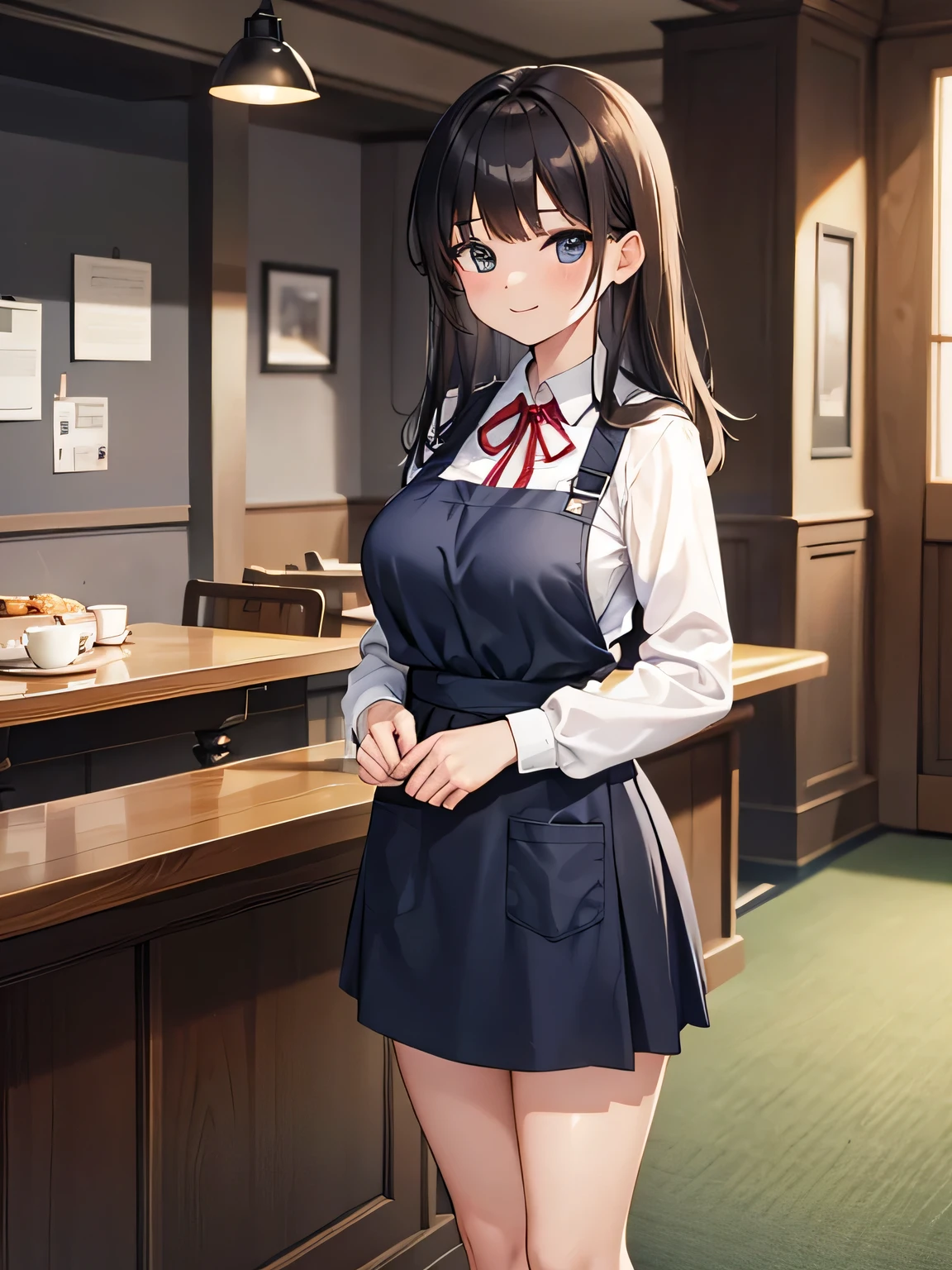 (1) Two women standing with smiles, long enough to cover the chest、Wearing a matching all-black apron. Apron and skirt hem lengths are the same.
(2) The first woman is a 17-year-old high school student with a childish appearance., short black hair, wearing a white cut shirt, navy blue mini skirt and black socks.
(3) The second woman is a 22-year-old college student., mature look, with long brown hair, wearing a white cut shirt, navy blue mini skirt, and black socks.
(4) The location is a nice cafe in the city..
(5) There is a name plate on the left chest of the apron..