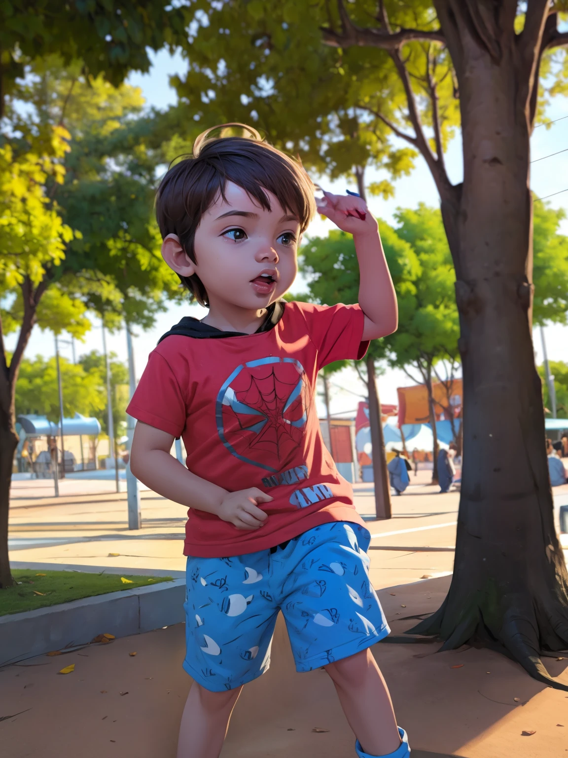 Cinematic Spider-Verse style. Comic art. TME0224 face, (((a baby boy, ))) in a funny day. (((Comic park background))). cinematic lighting, drop shadow, masterpiece, UHD, anatomically correct, textured skin, super detail, high details, high quality, best quality, 4K