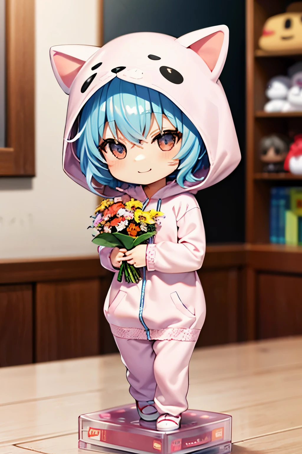 (Chibi:1.3), happy, (holding a bouquet), full body, (Kigurumi), indoors, on the table, (Nendoroid:1.1),