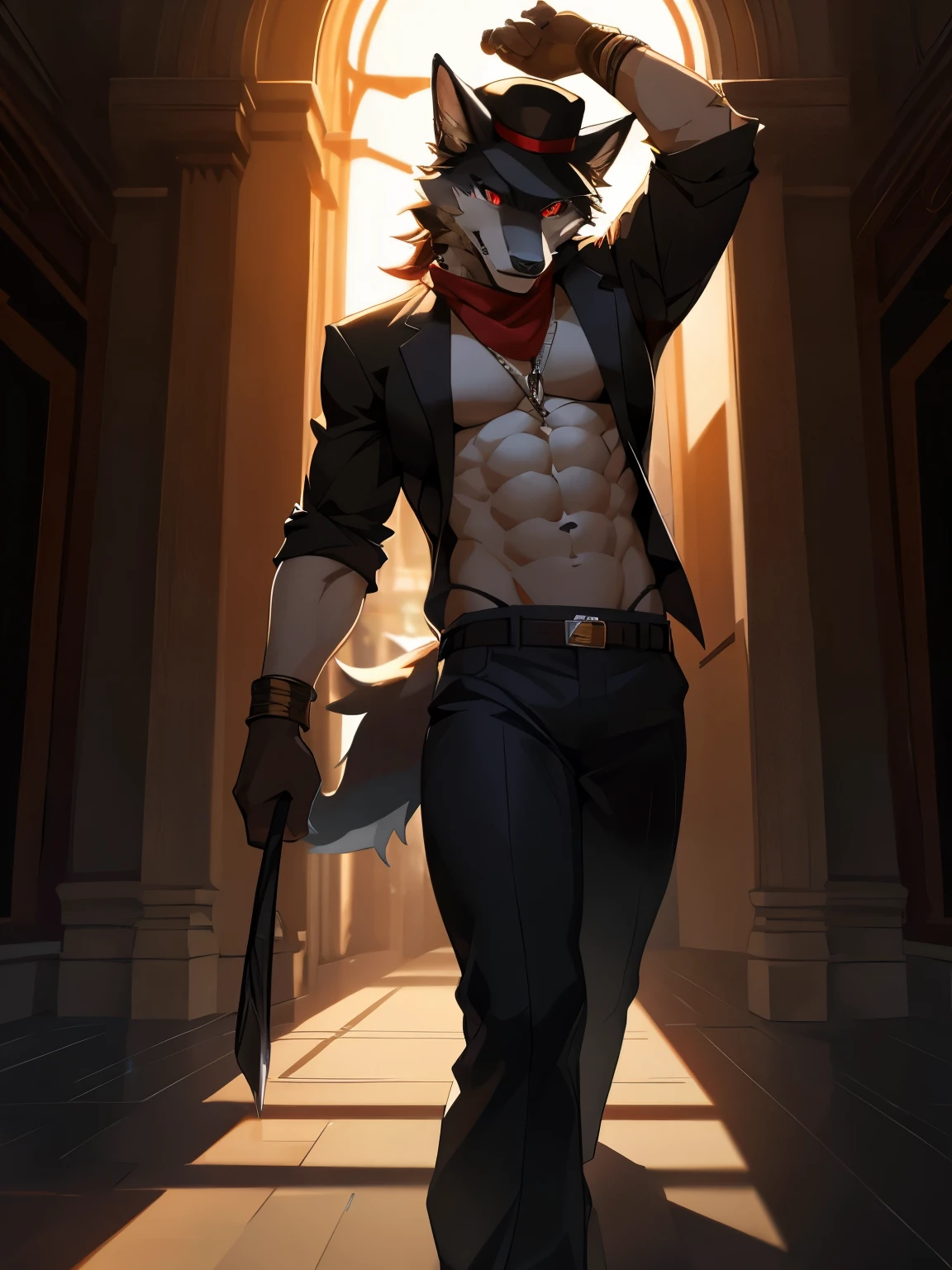 male, furry, Wolf anthro, solo, black fur, red eyes, (Realistic eye details 1.2), hat on head, mafiawear, longpants, abs, EasyMasterpiece, dramatic lighting, soft lighting, day, highly detail,