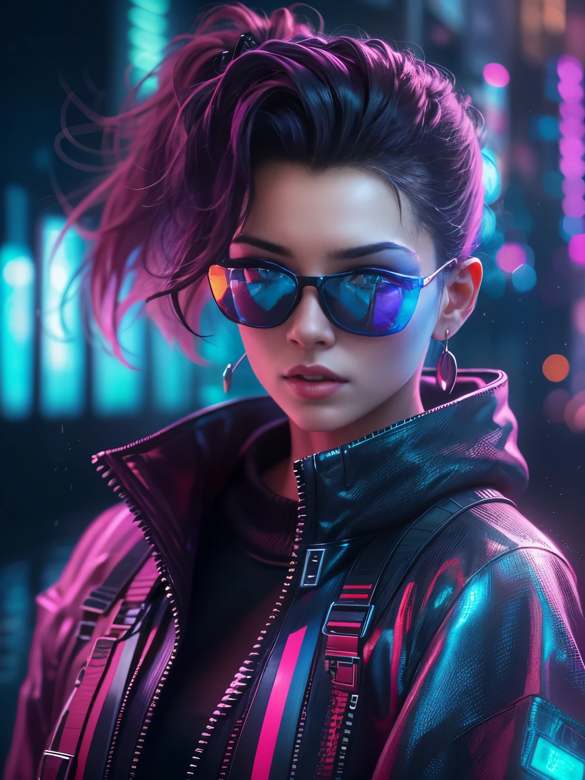 photorealistic, high resolution, 1 beautiful female, wearing hi-tech sunglasses with holographic display, cyberpunk hairstyle, futuristic cyberpunk fashion, dynamic pose, background cyberpunk nightlife, dramatic, chromatic aberration. 