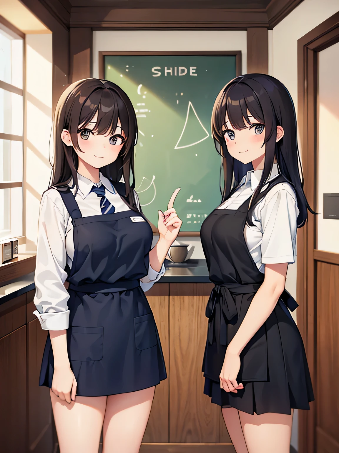 (1) Two women standing with smiles, long enough to cover the chest、Wearing a matching all-black apron. Apron and skirt hem lengths are the same.
(2) The first woman is a 17-year-old high school student with a childish appearance., short black hair, wearing a white cut shirt, navy blue mini skirt and black socks.
(3) The second woman is a 22-year-old college student., mature look, with long brown hair, wearing a white cut shirt, navy blue mini skirt, and black socks.
(4) The location is a nice cafe in the city..
(5) There is a name plate on the left chest of the apron..
