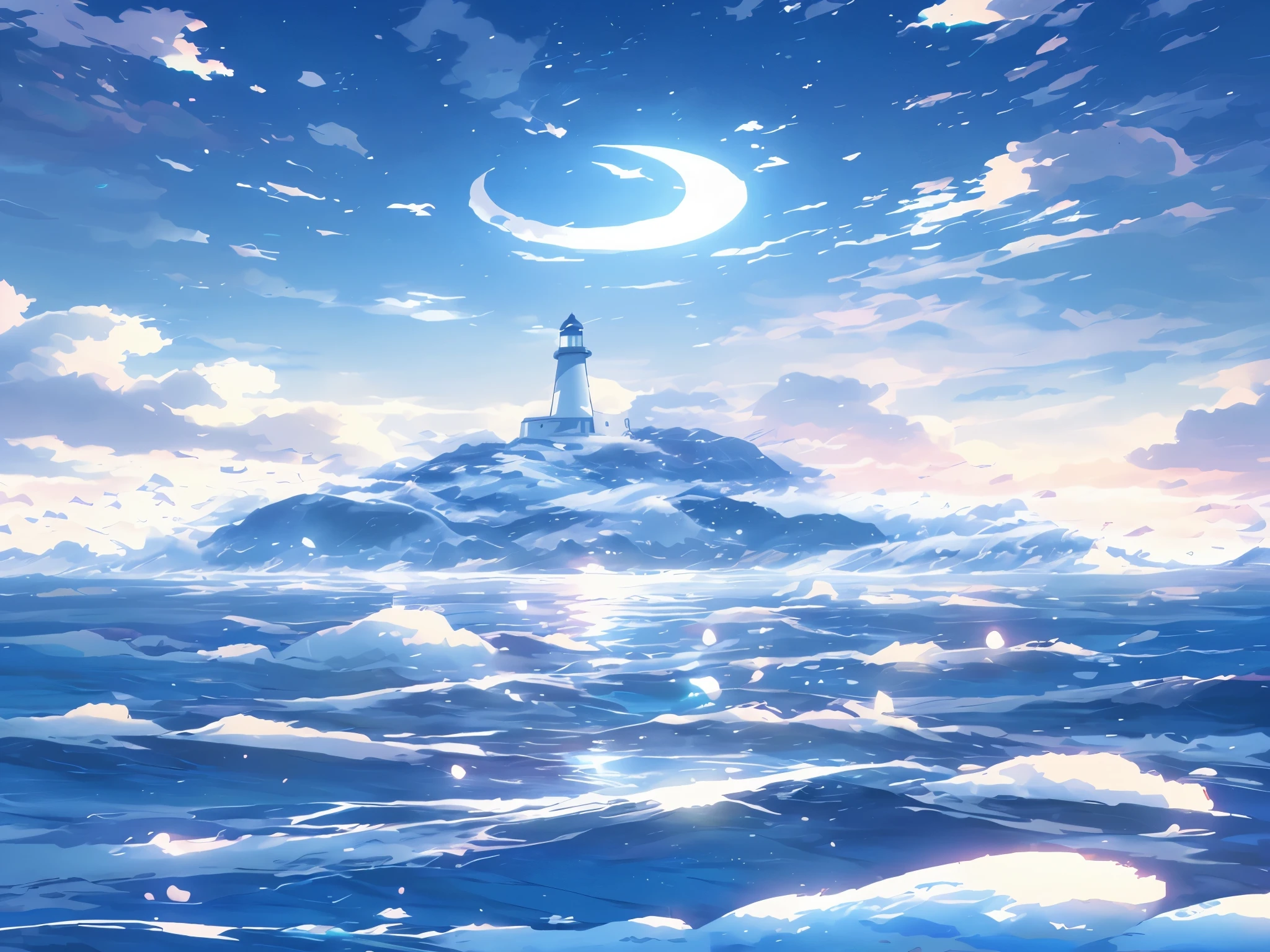 Lighthouse in a large body of water in animation style, Makoto Shinkai Cyril Rolando, wallpaper anime blue water, anime art wallpaper 8k, rossdraws global illumination, Anime Art Wallpaper 4k, anime art wallpaper 4k, Ross Tran. landscape background, 4k highly detailed digital art, Concept Art Wallpaper 4K